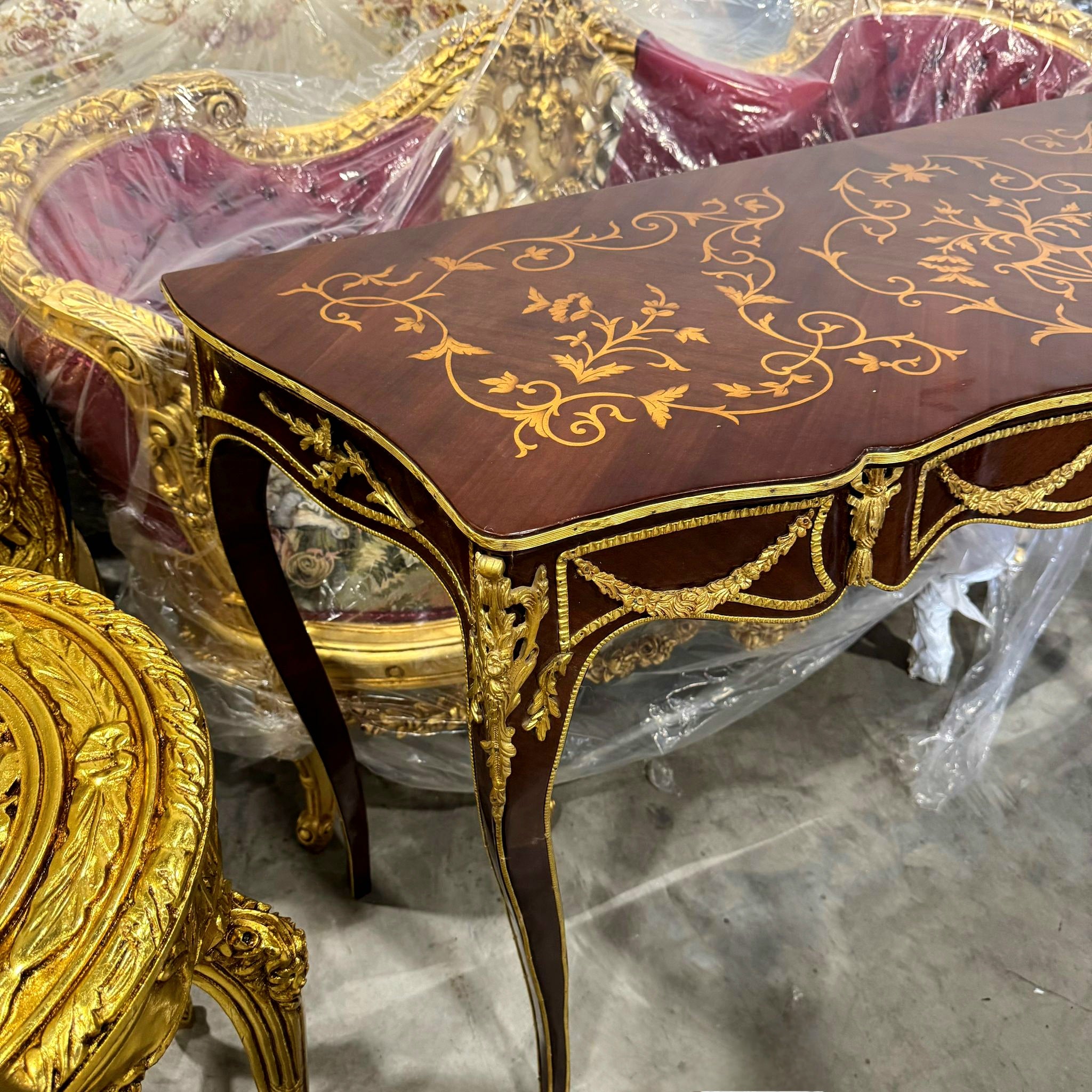 Handcrafted French Style Console Table / Desk - Brown Finish with Gold Leaf