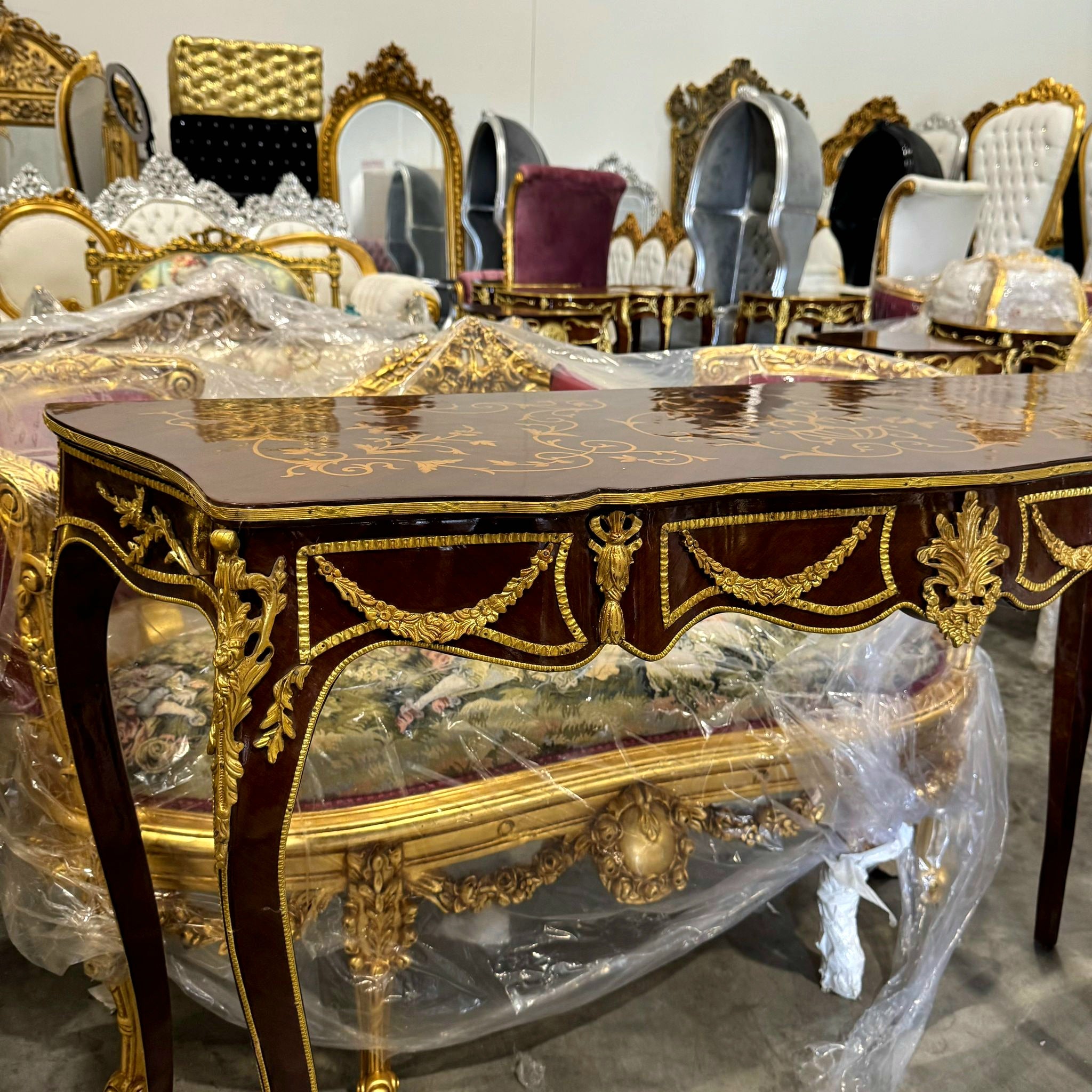 Handcrafted French Style Console Table / Desk - Brown Finish with Gold Leaf