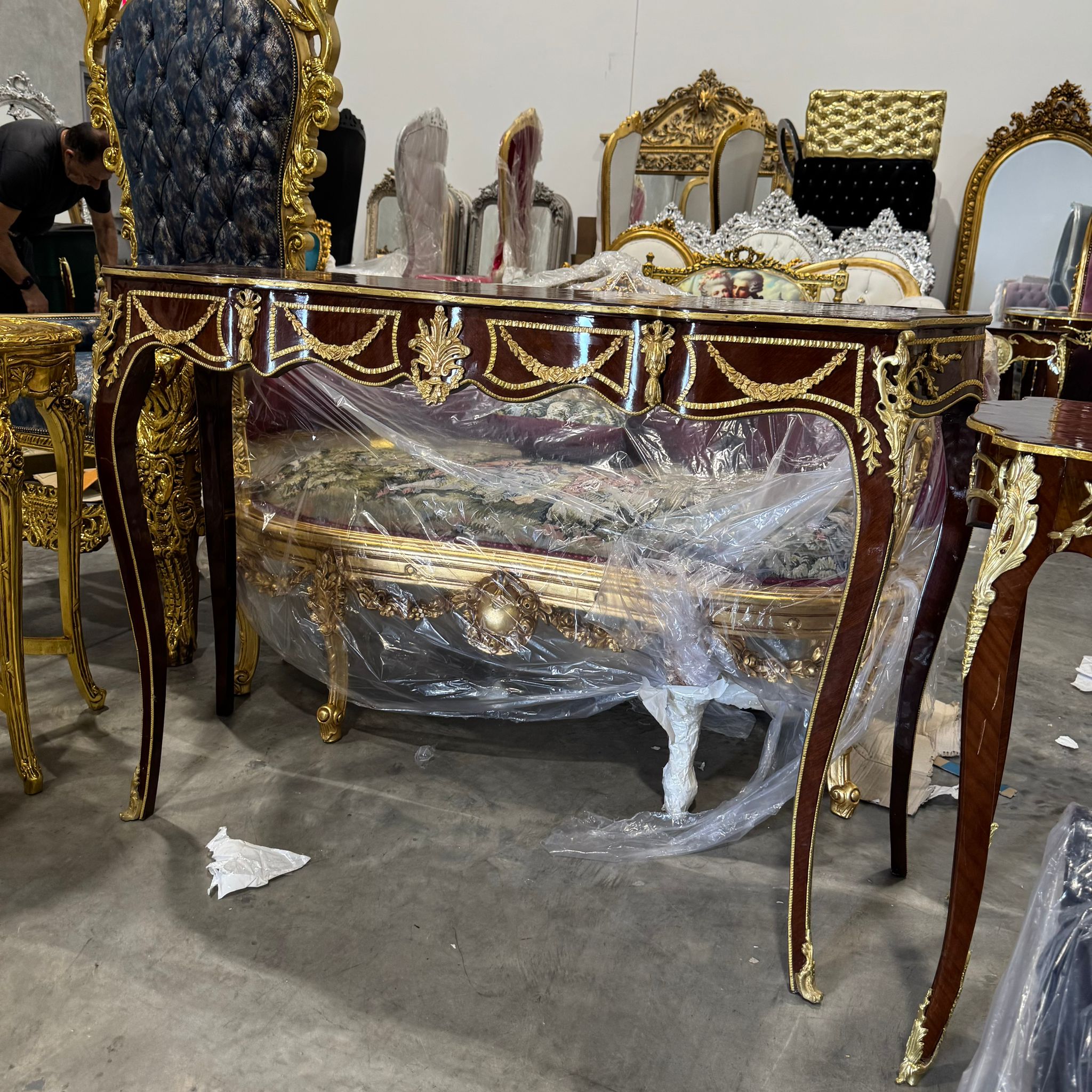 Handcrafted French Style Console Table / Desk - Brown Finish with Gold Leaf
