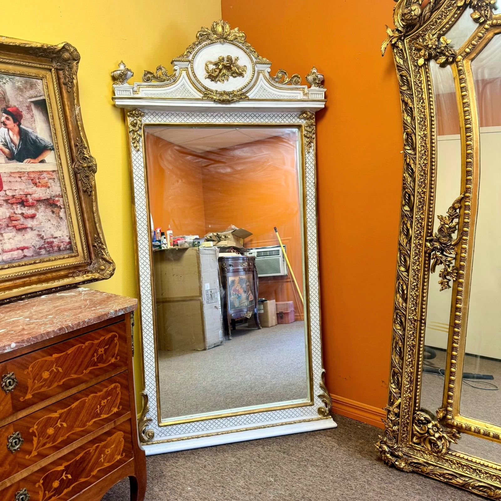 Rococo Style Gold White Color Floor Mirror 5.6 Feet Tall Gold Leaf