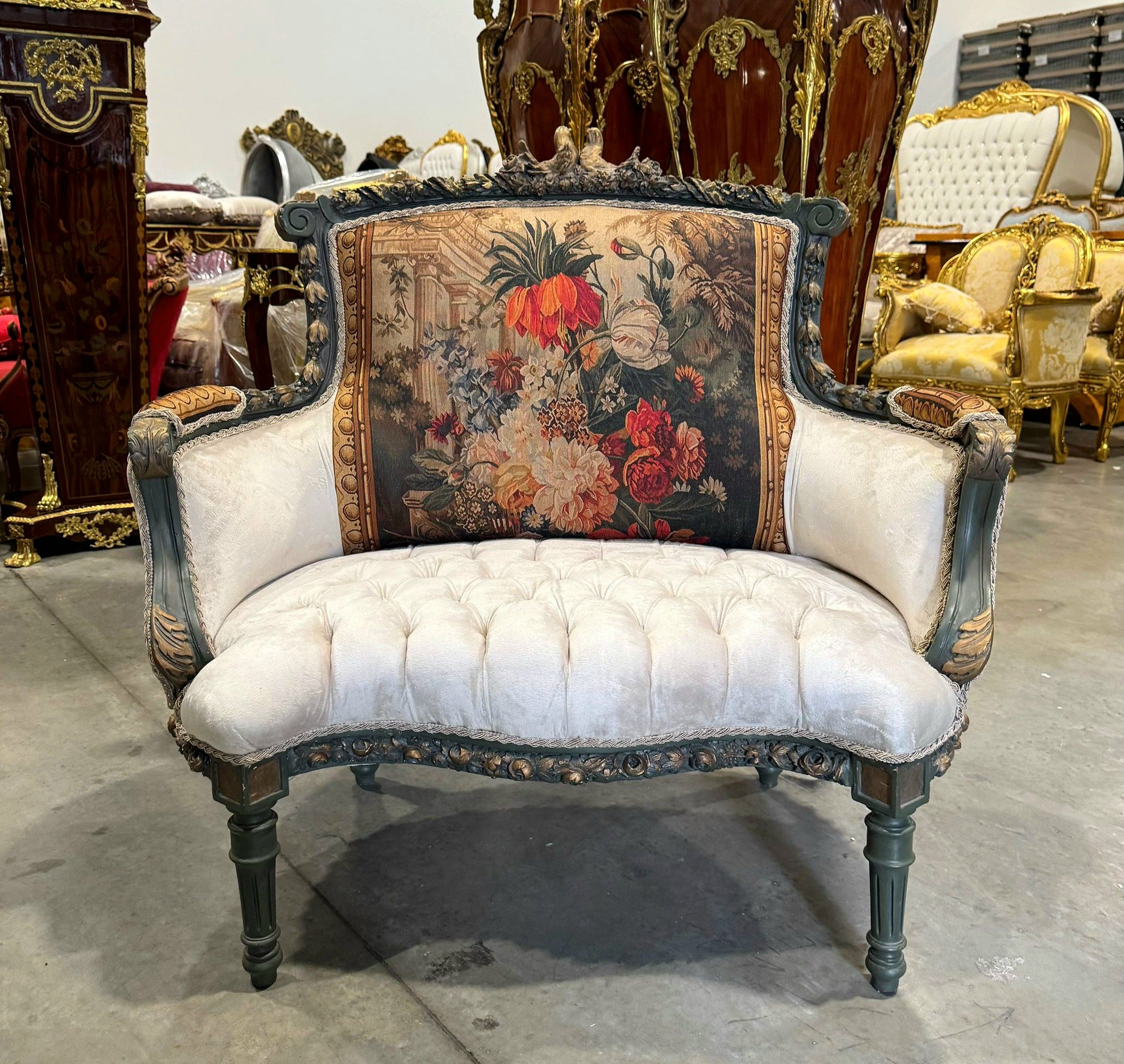 Romantic Beige Bergere Chair Rococo Style Gold Details Damask Fabric