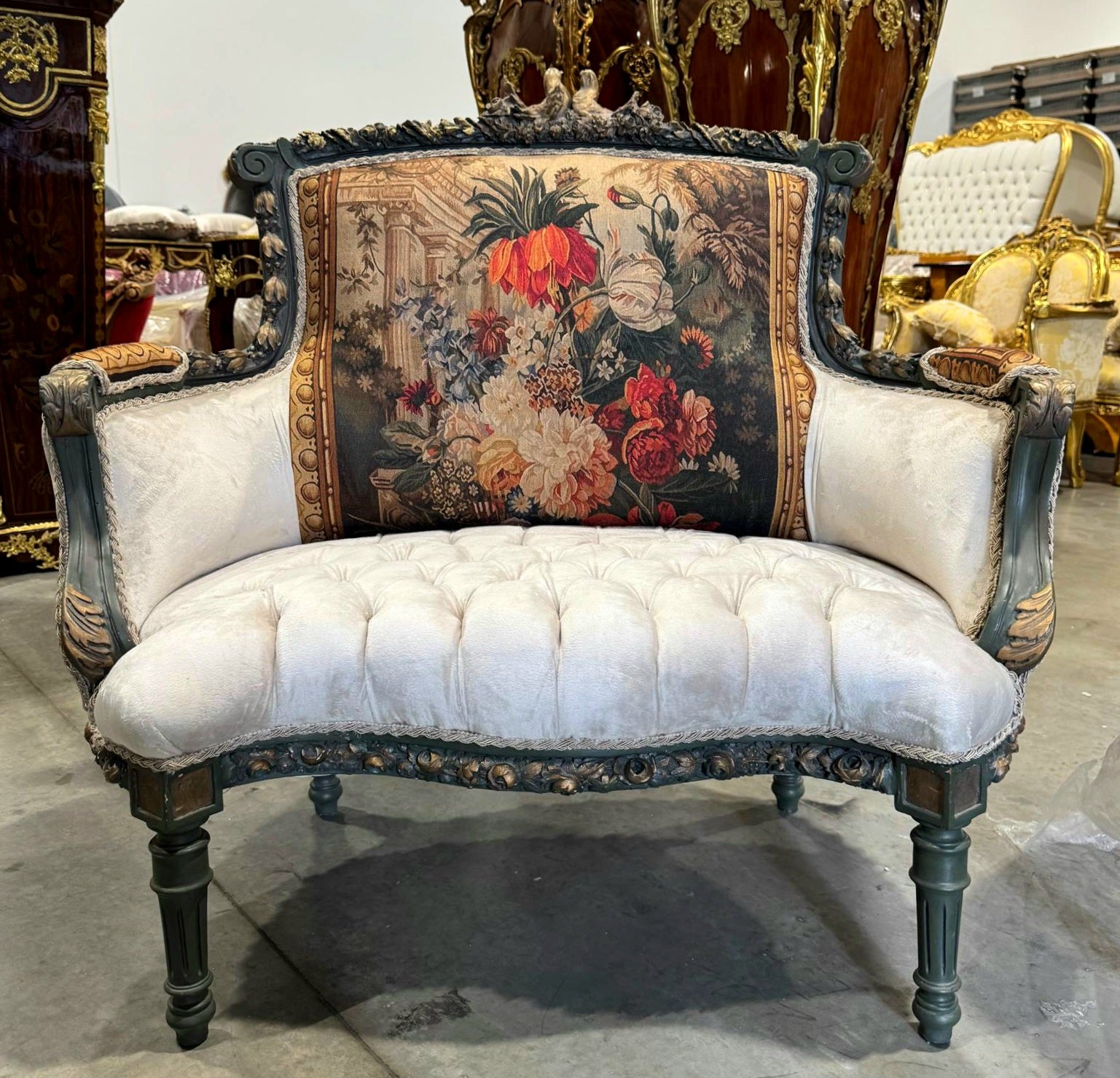 Romantic Beige Bergere Chair Rococo Style Gold Details Damask Fabric