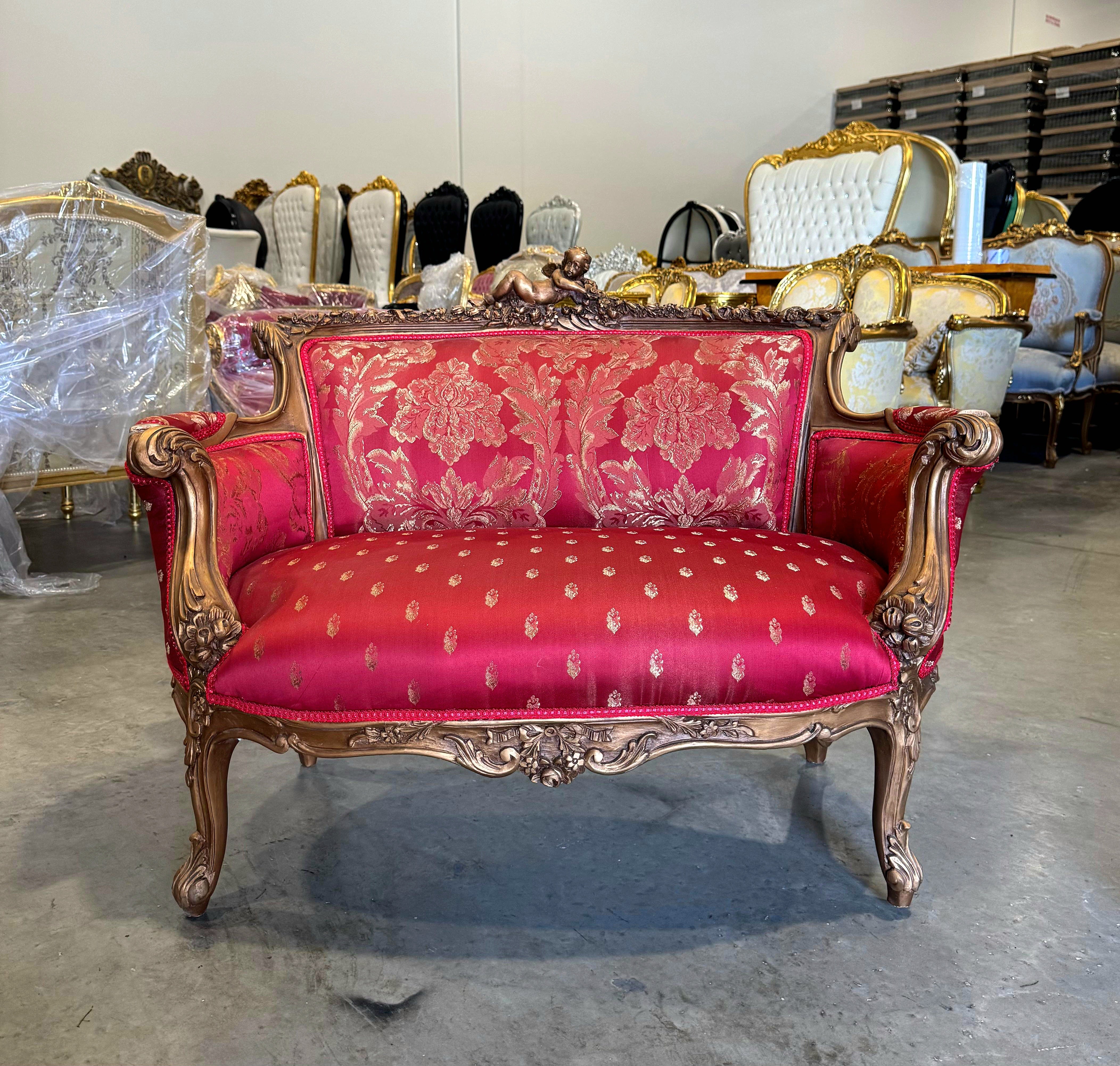 French Sofa Red Granate Upholstery & Ornate Carvings Baroque Style
