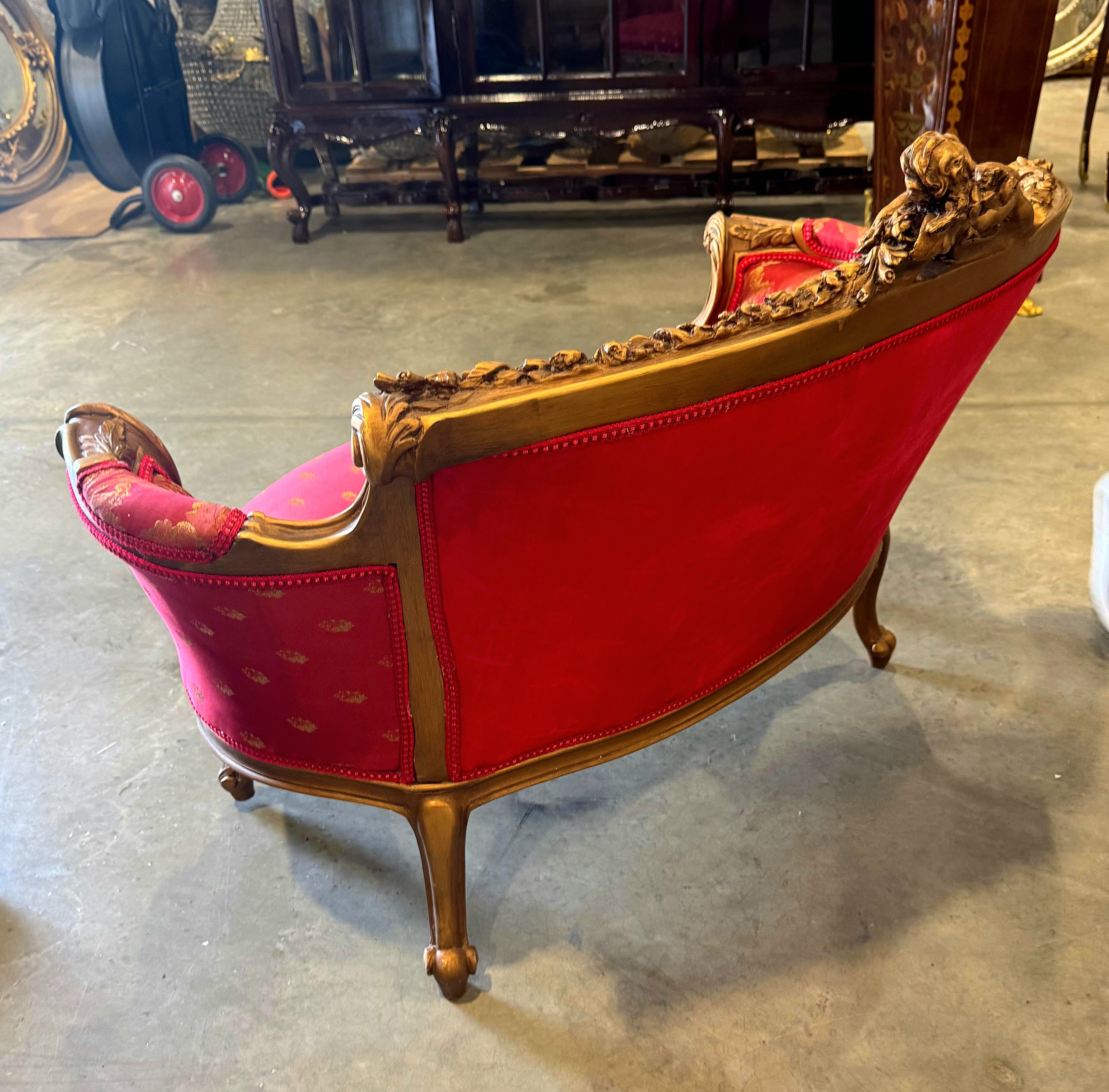 French Sofa Red Granate Upholstery & Ornate Carvings Baroque Style