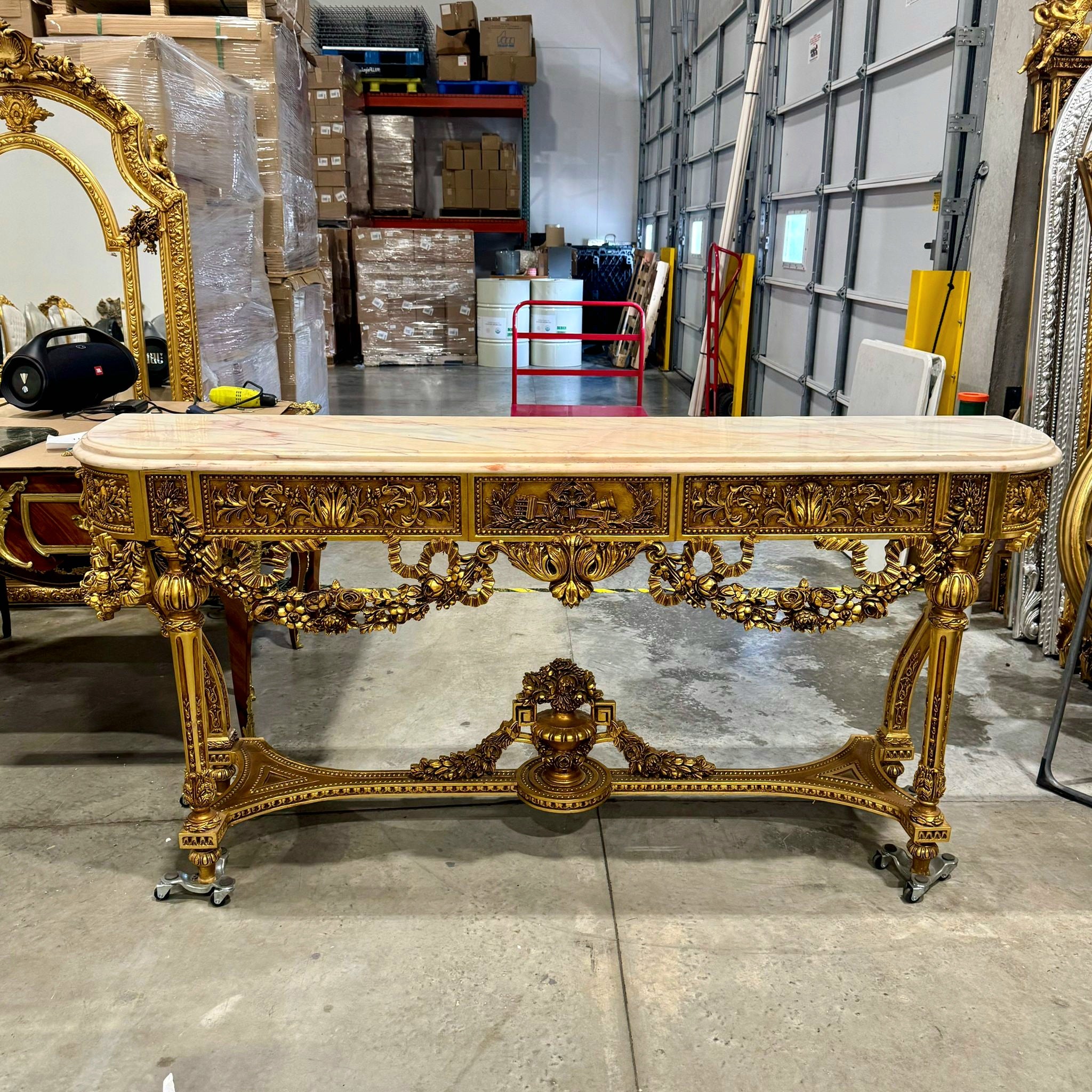French Antique Console Louis XVI Style in Gold Leaf Details Marble Topped