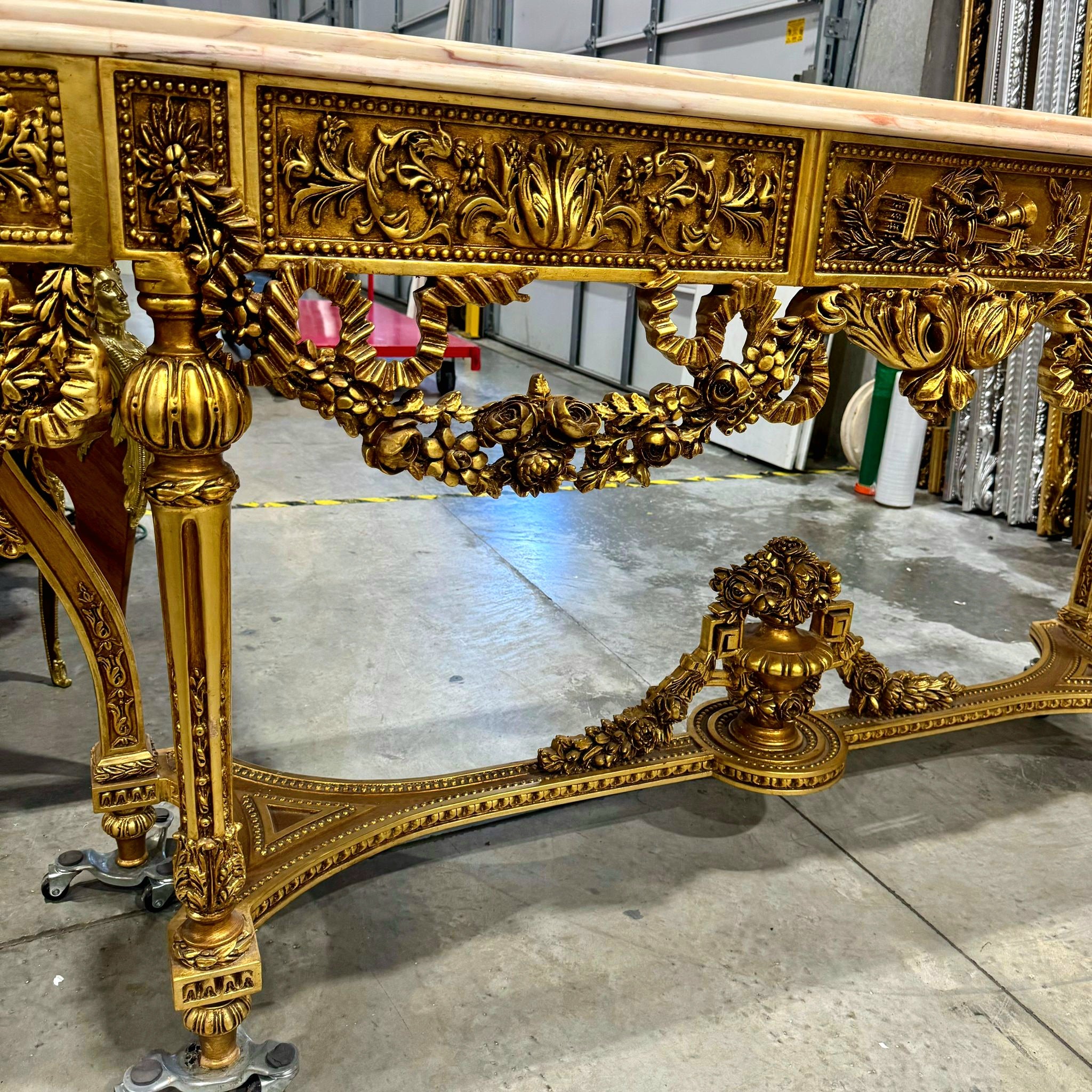 French Antique Console Louis XVI Style in Gold Leaf Details Marble Topped