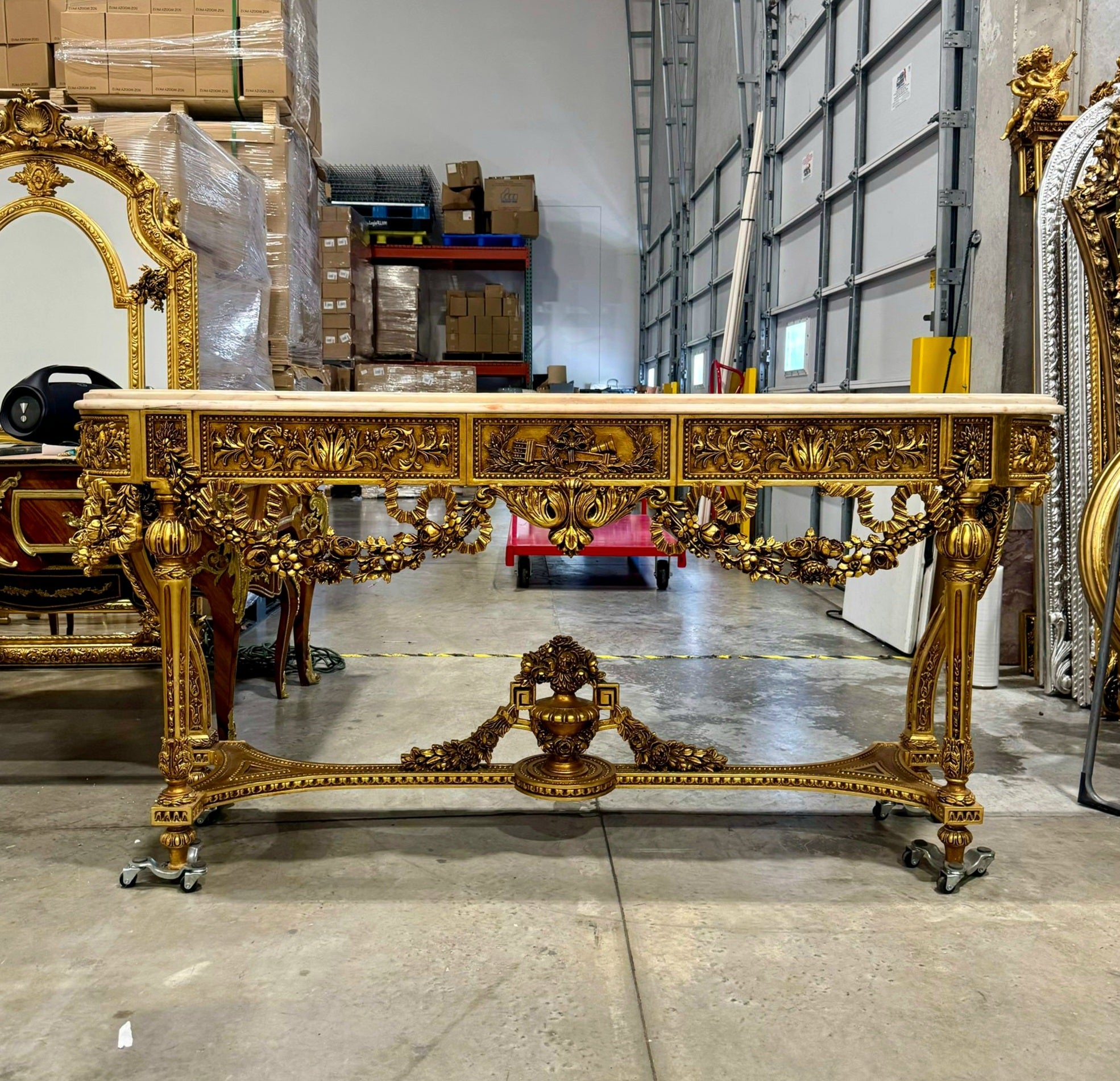 French Antique Console Louis XVI Style in Gold Leaf Details Marble Topped