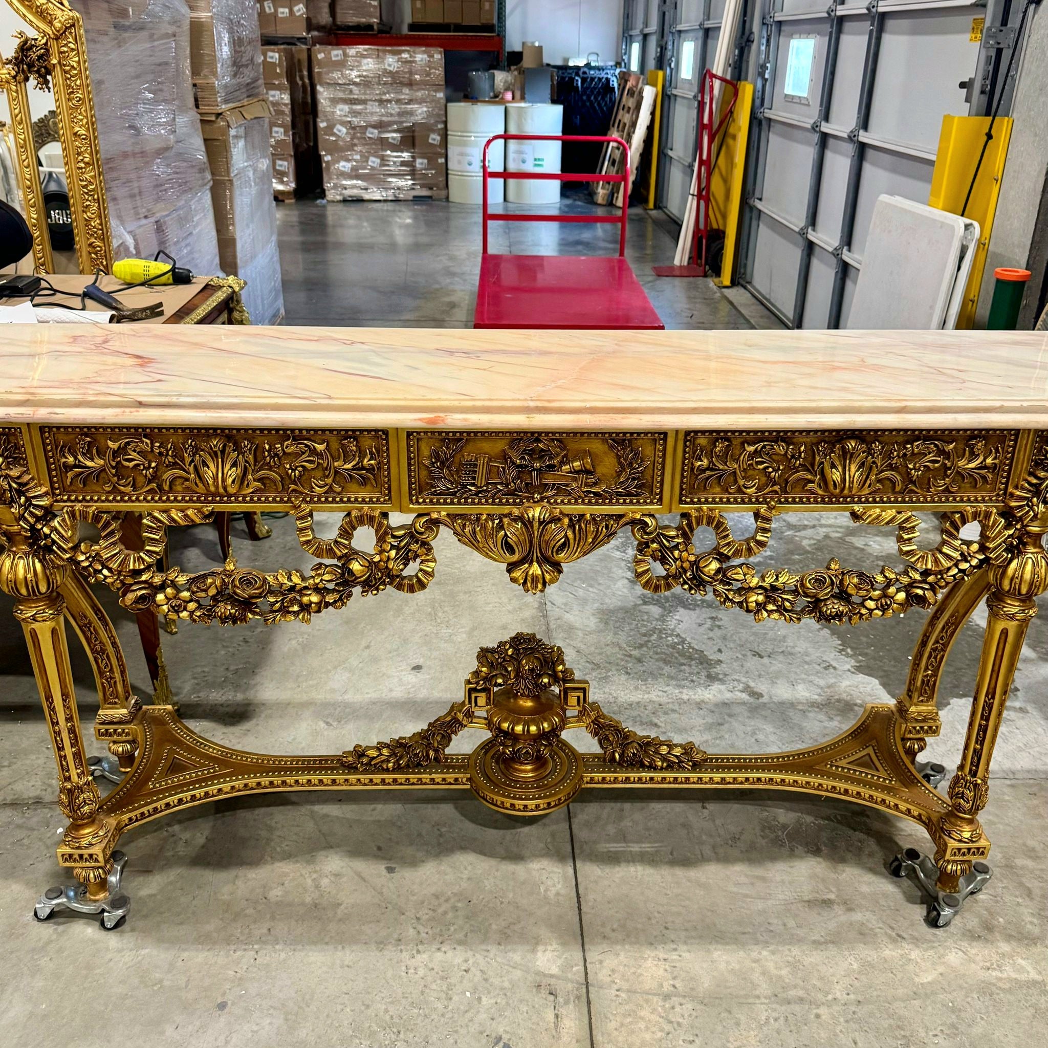 French Antique Console Louis XVI Style in Gold Leaf Details Marble Topped