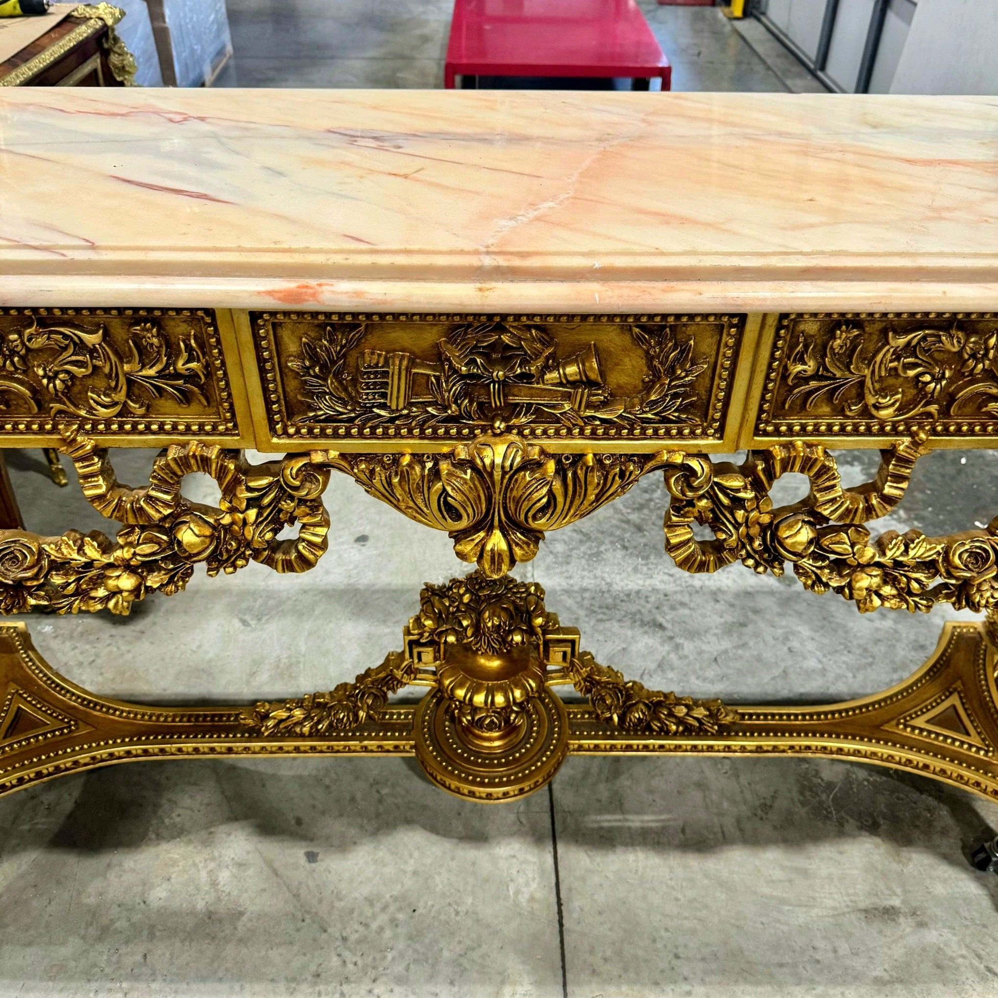 French Antique Console Louis XVI Style in Gold Leaf Details Marble Topped