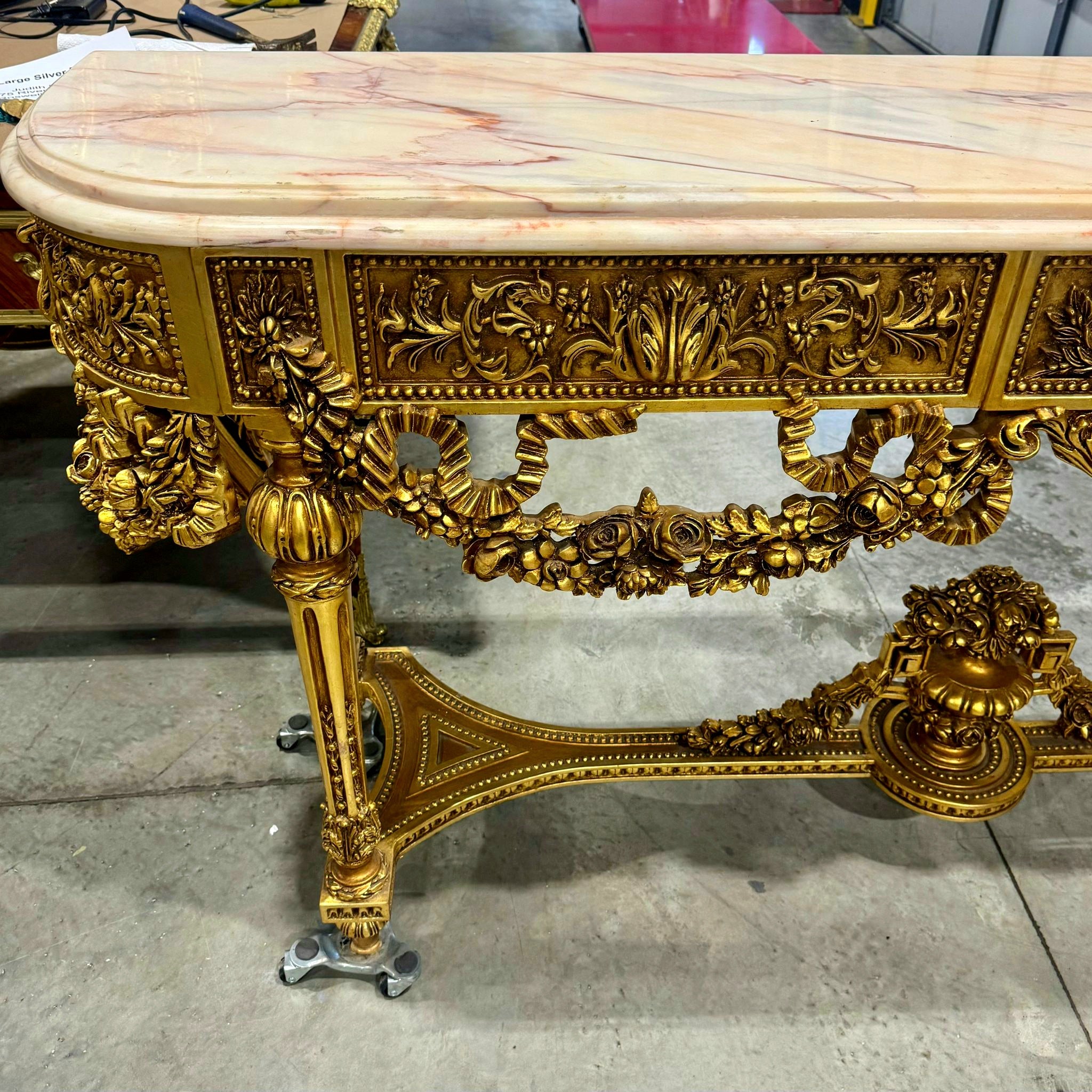 French Antique Console Louis XVI Style in Gold Leaf Details Marble Topped