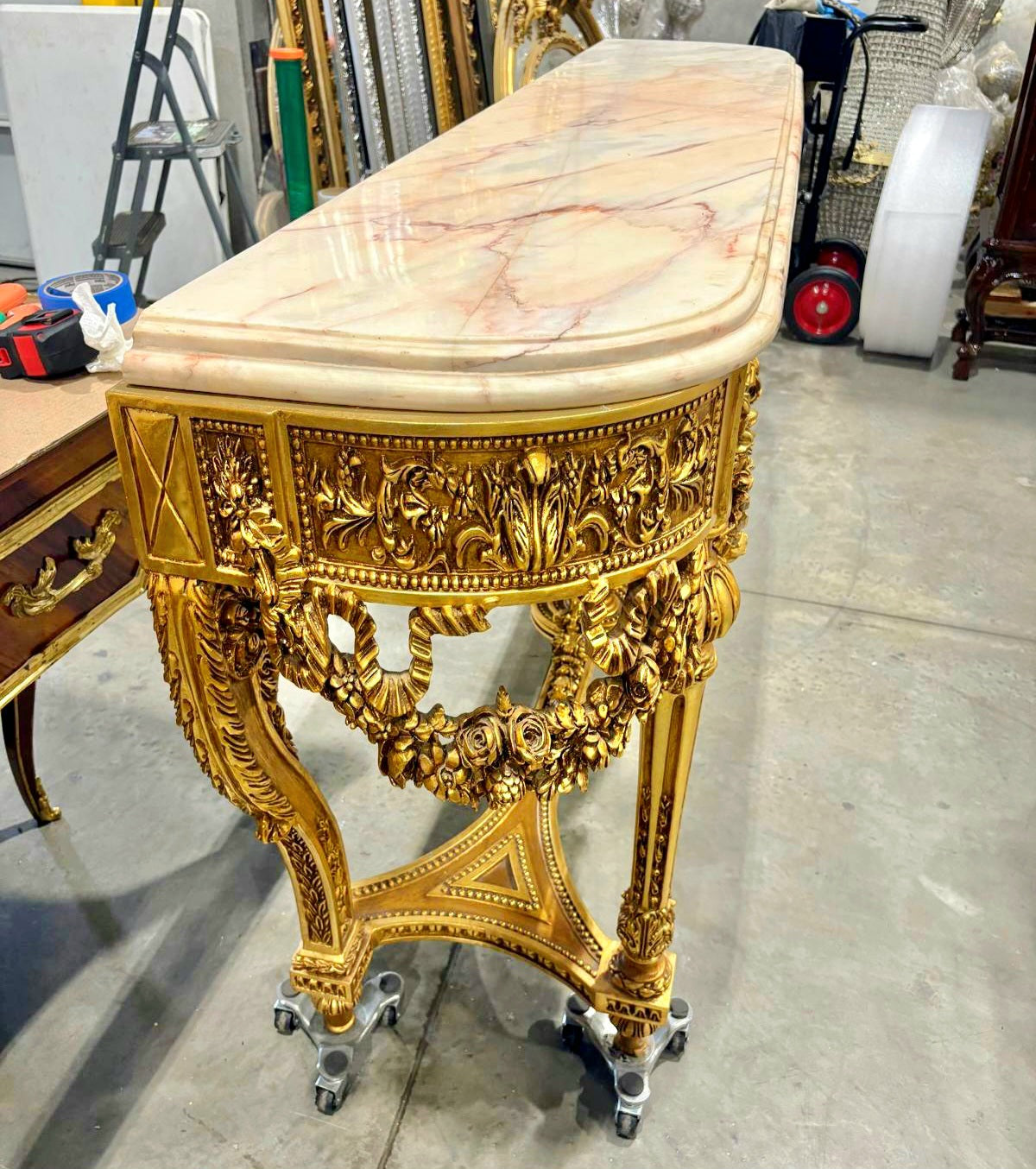 French Antique Console Louis XVI Style in Gold Leaf Details Marble Topped