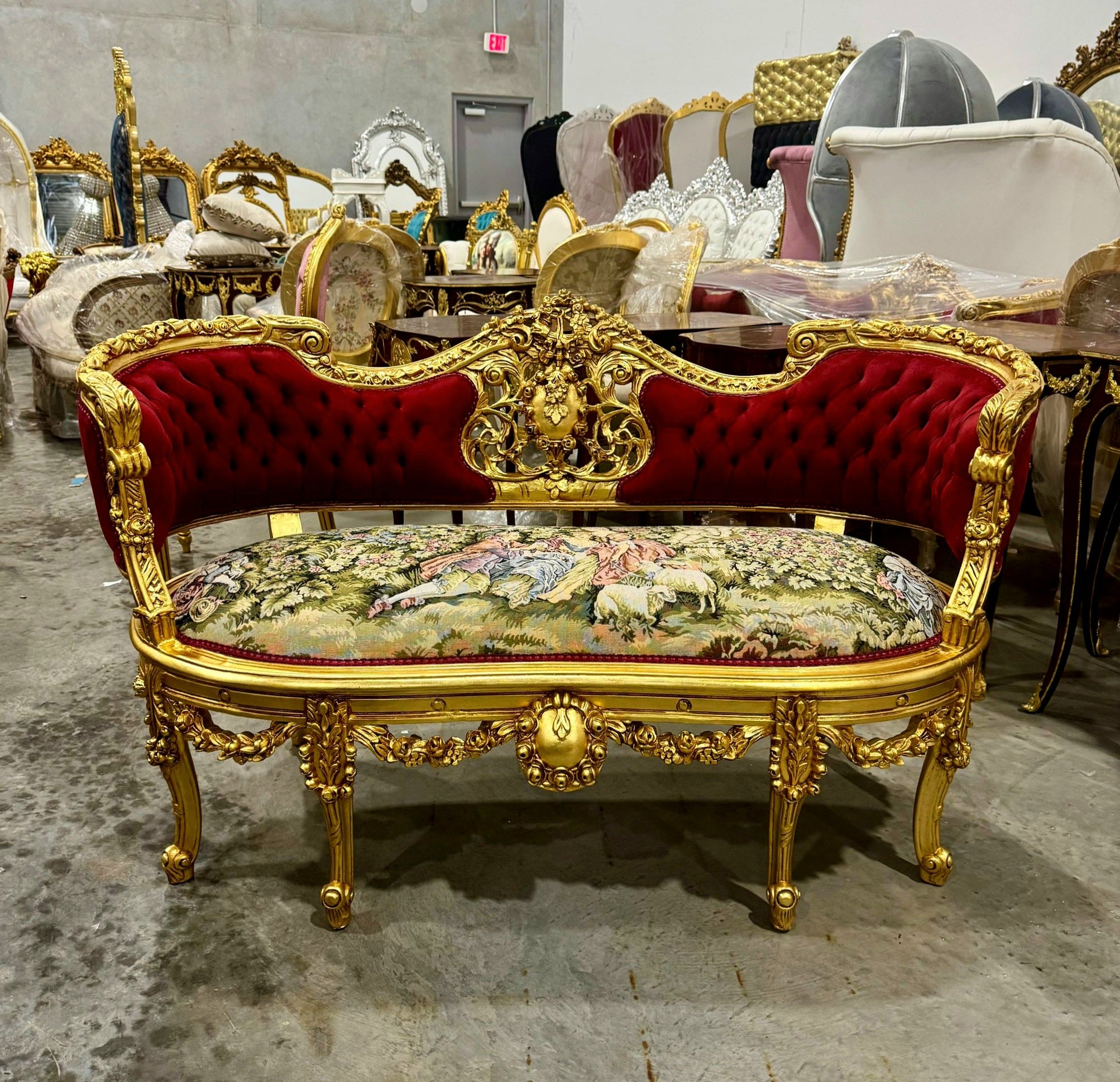French Style Art Bench Settee – Red Velvet Upholstery & Gold Leaf Accents
