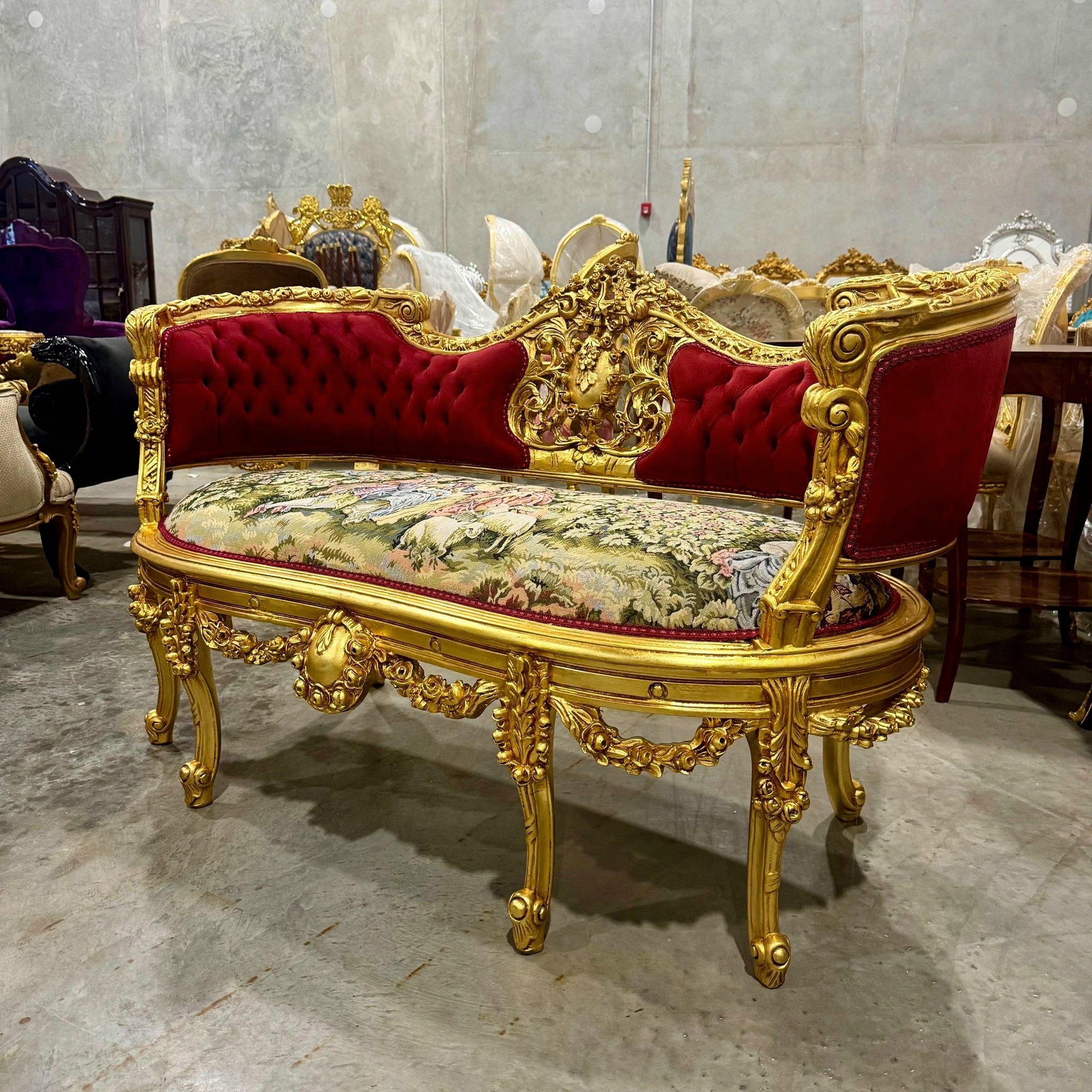 French Style Art Bench Settee – Red Velvet Upholstery & Gold Leaf Accents