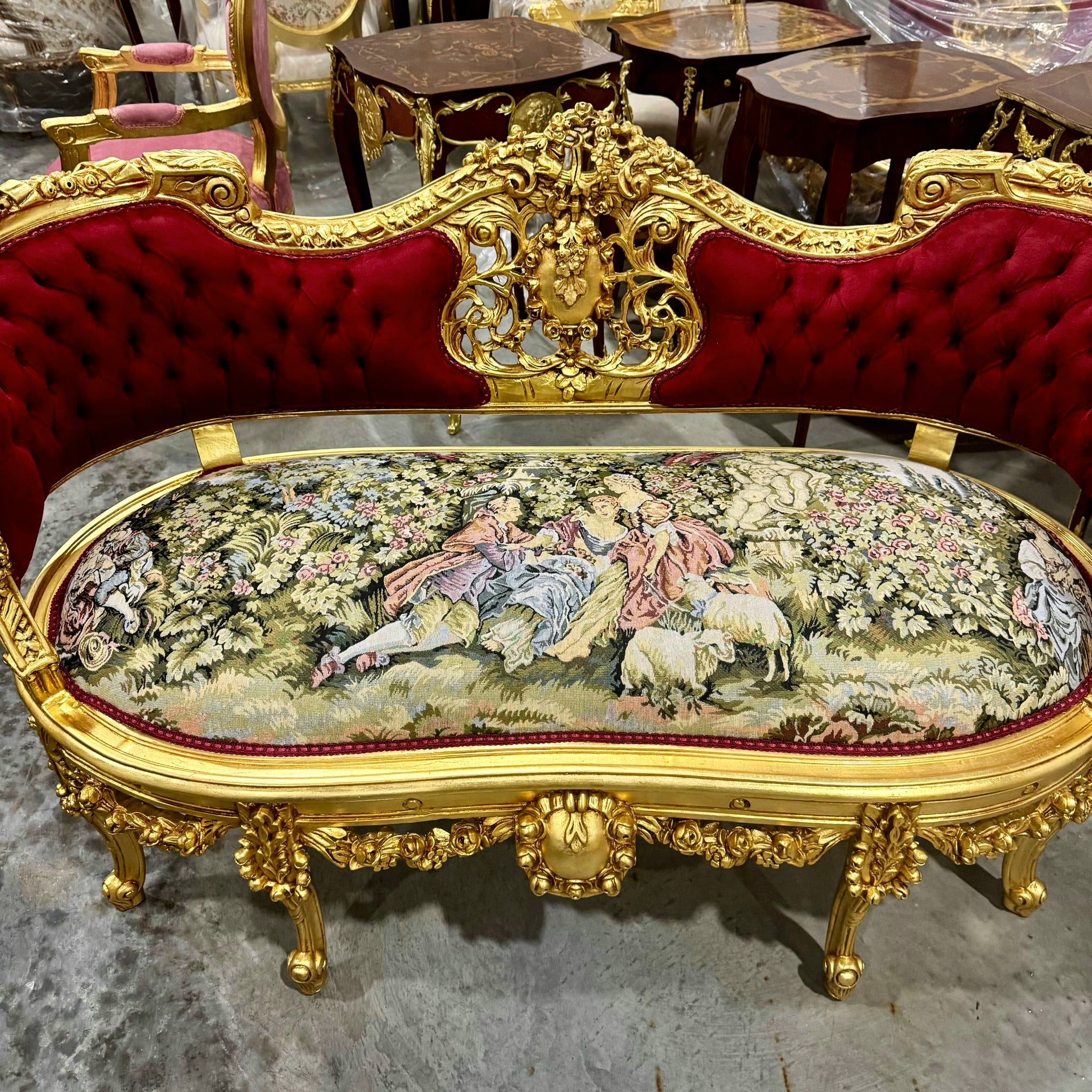 French Style Art Bench Settee – Red Velvet Upholstery & Gold Leaf Accents