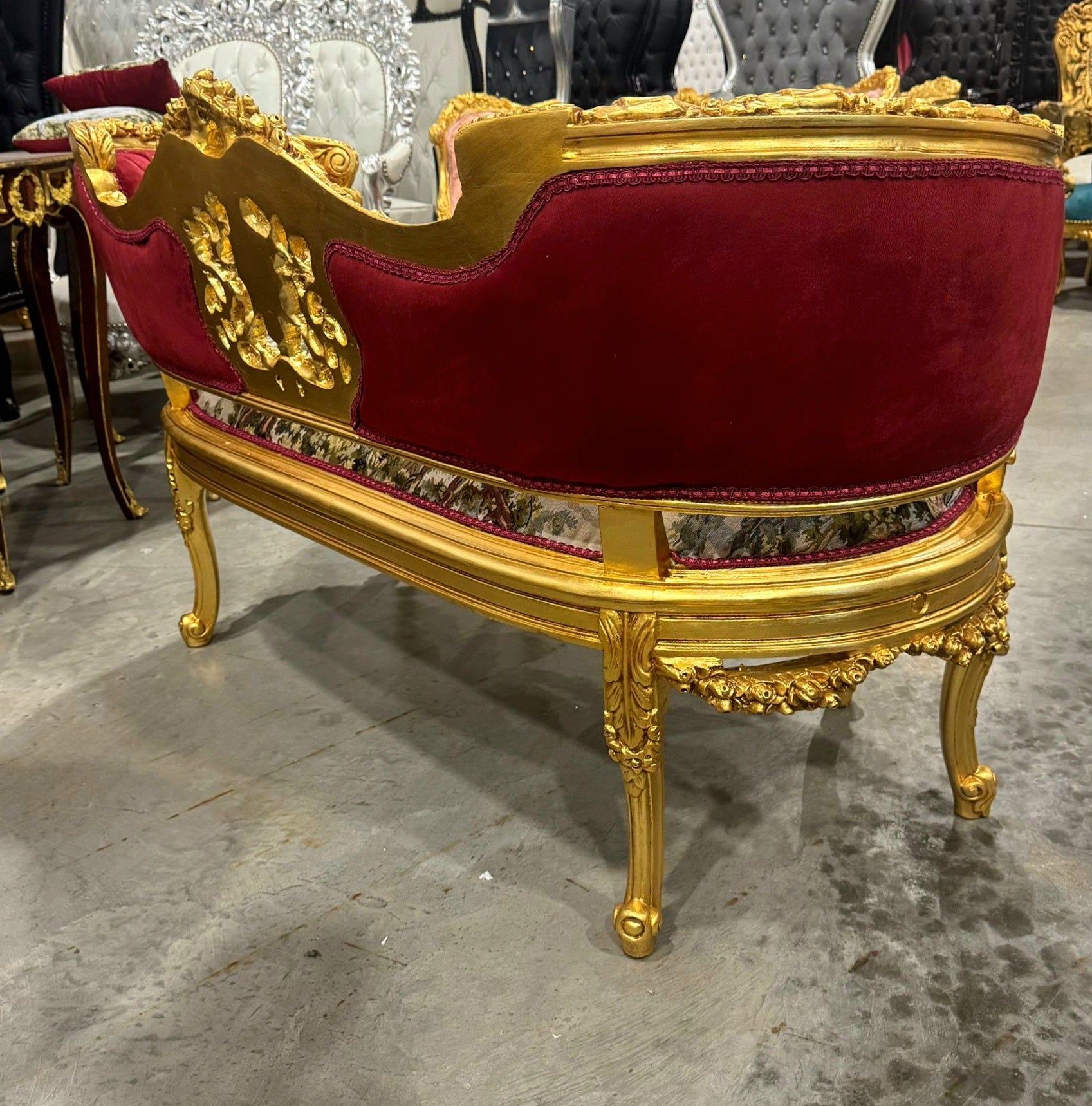 French Style Art Bench Settee – Red Velvet Upholstery & Gold Leaf Accents