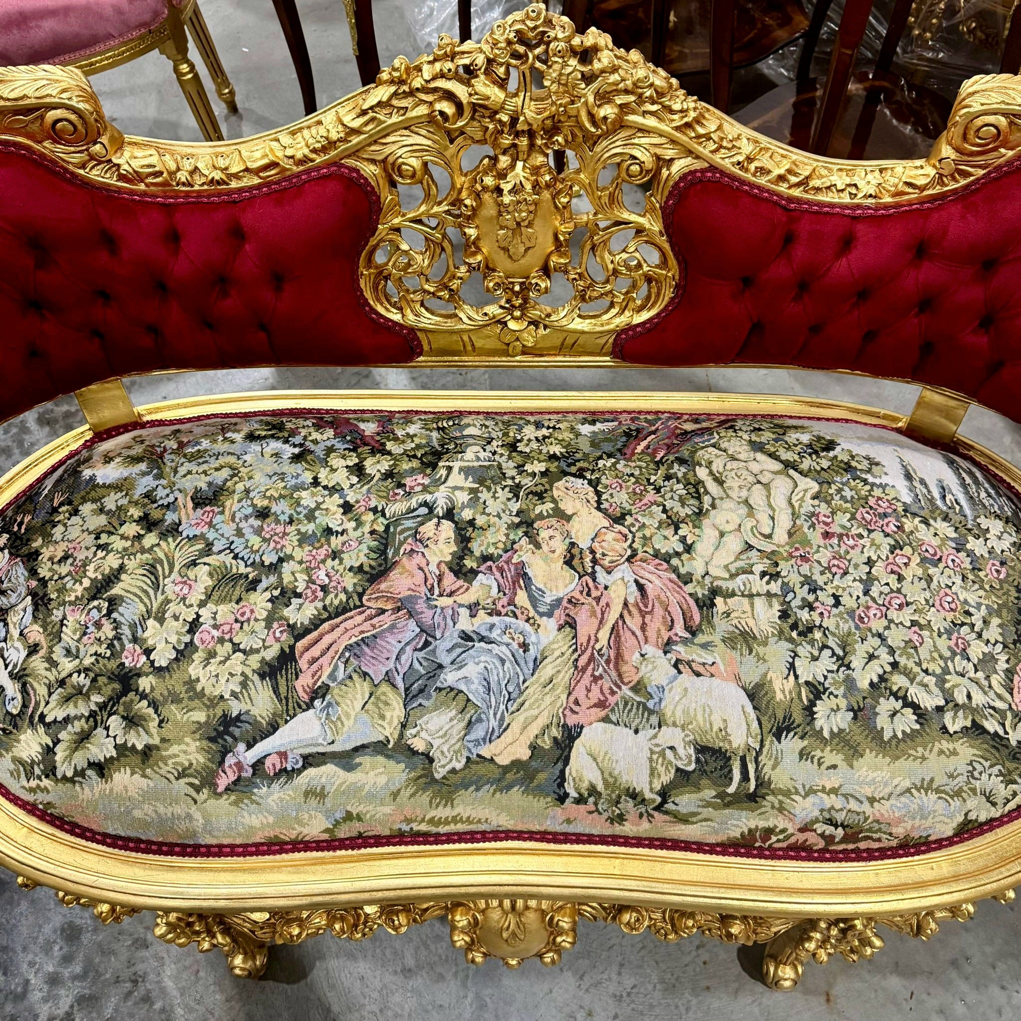 French Style Art Bench Settee – Red Velvet Upholstery & Gold Leaf Accents
