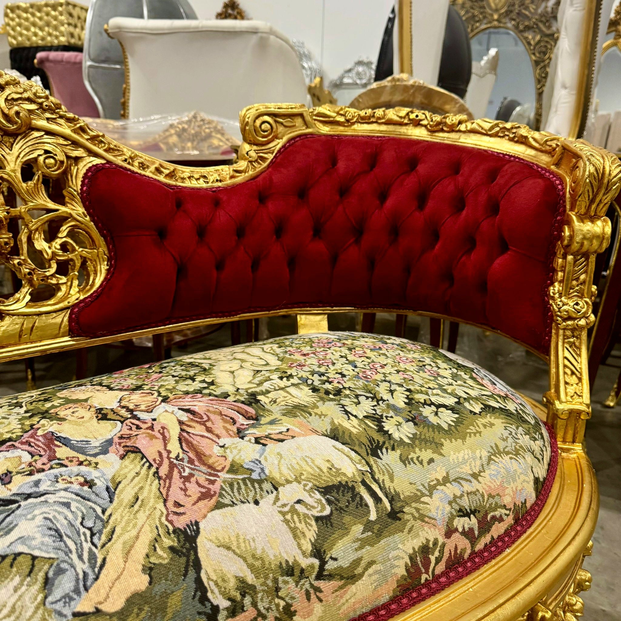 French Style Art Bench Settee – Red Velvet Upholstery & Gold Leaf Accents