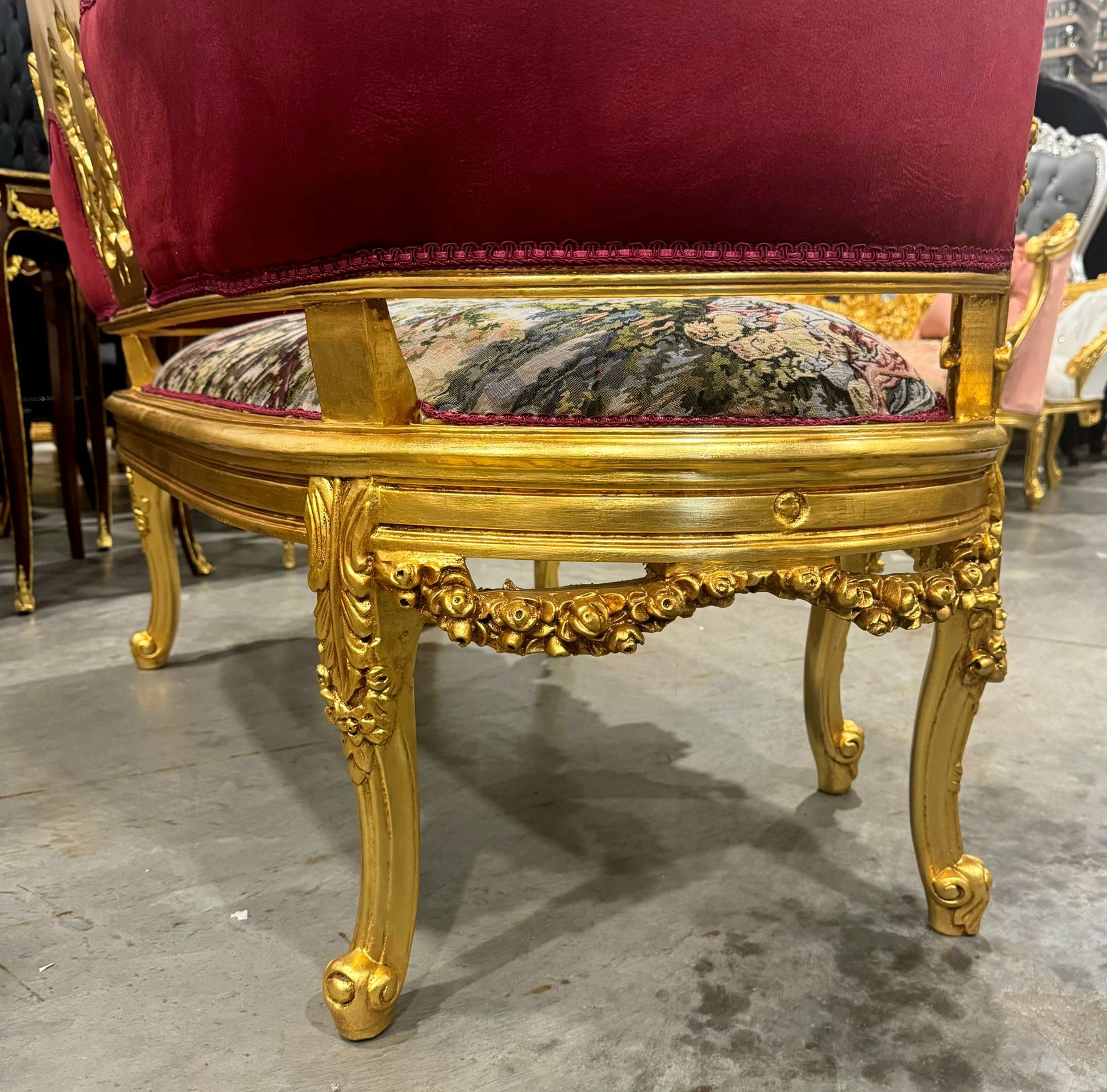 French Style Art Bench Settee – Red Velvet Upholstery & Gold Leaf Accents
