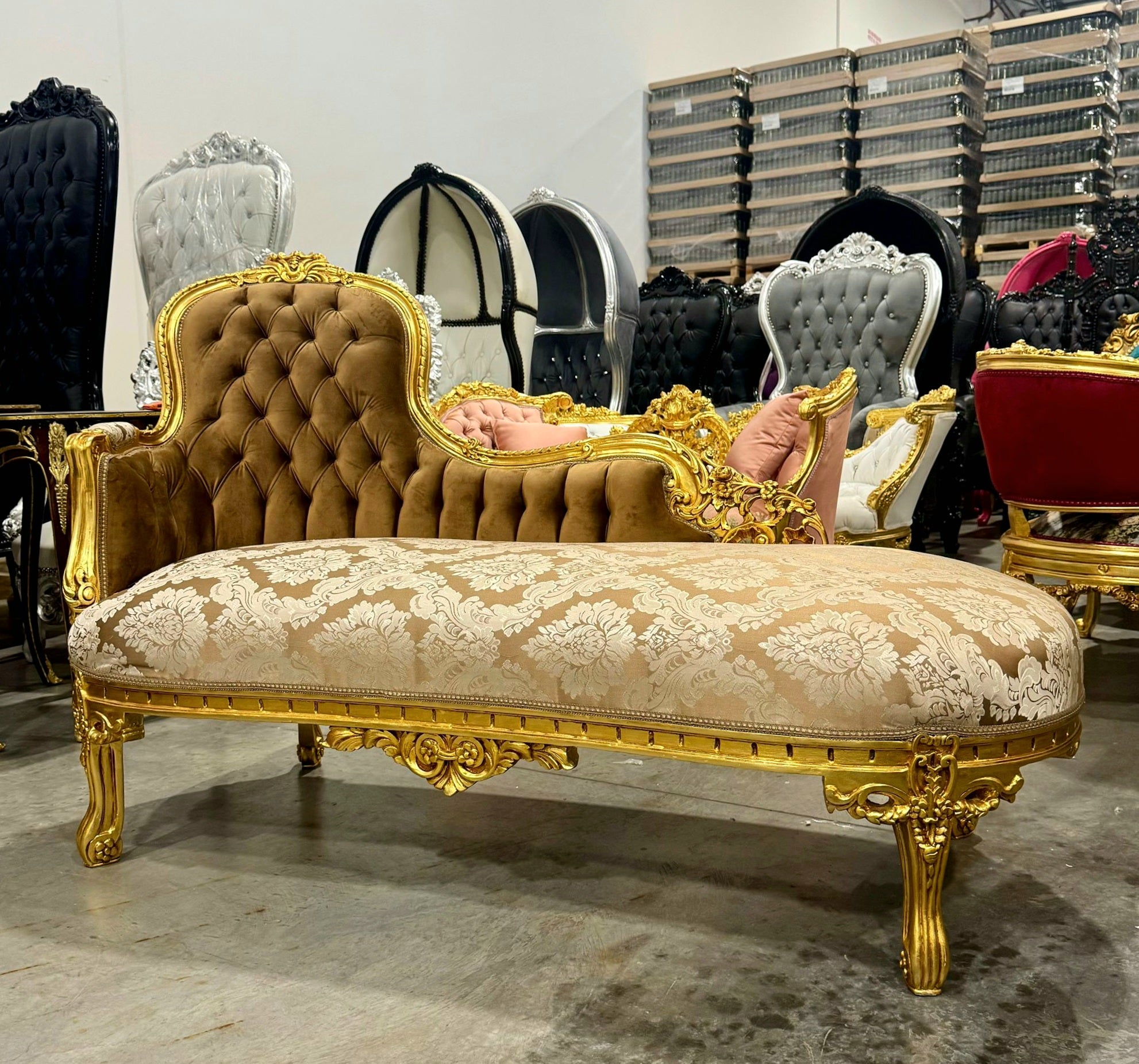 Chaise Lounge Furniture French Style Ligh Brown Velvet with Gold Details