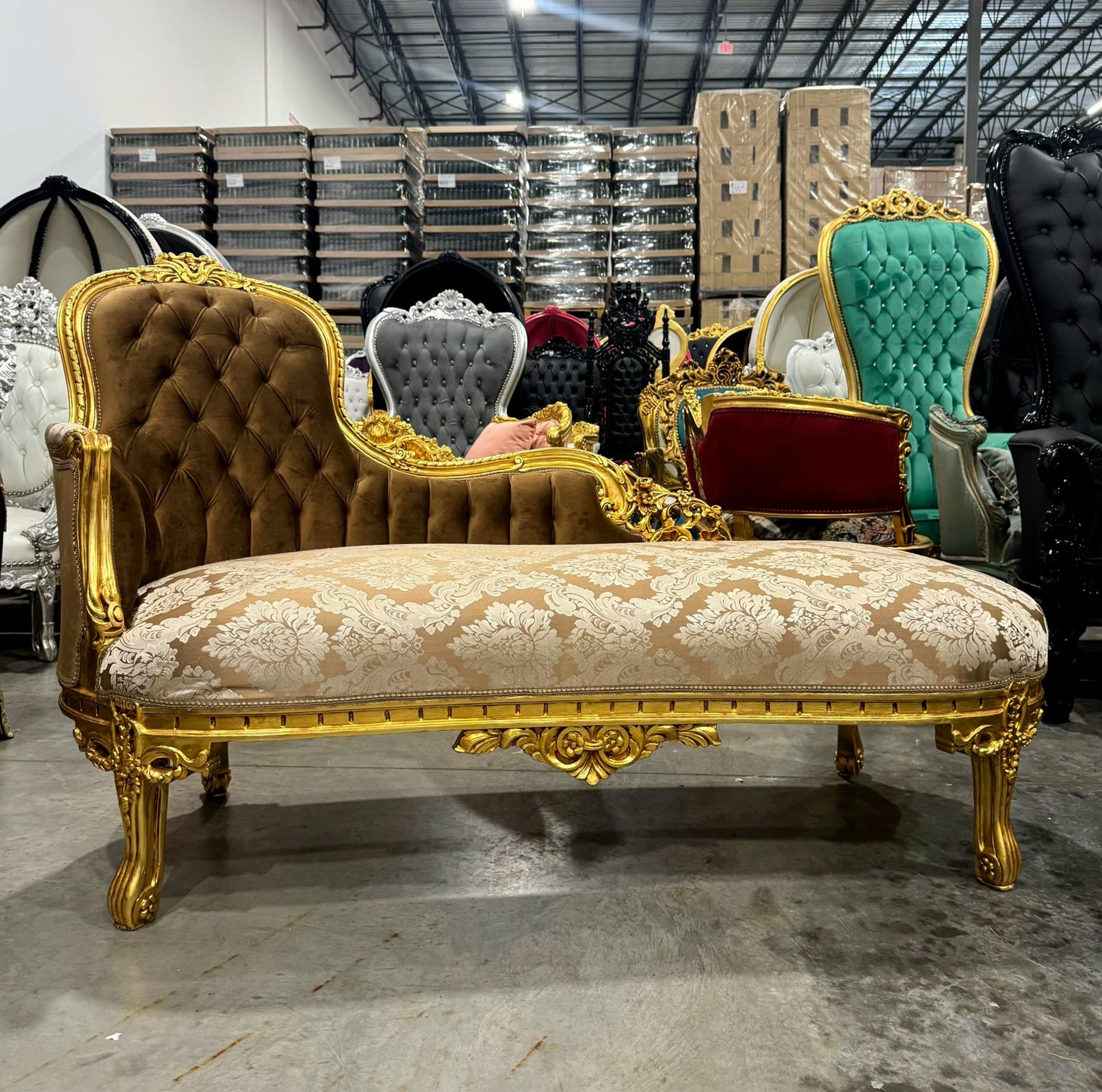 Chaise Lounge Furniture French Style Ligh Brown Velvet with Gold Details