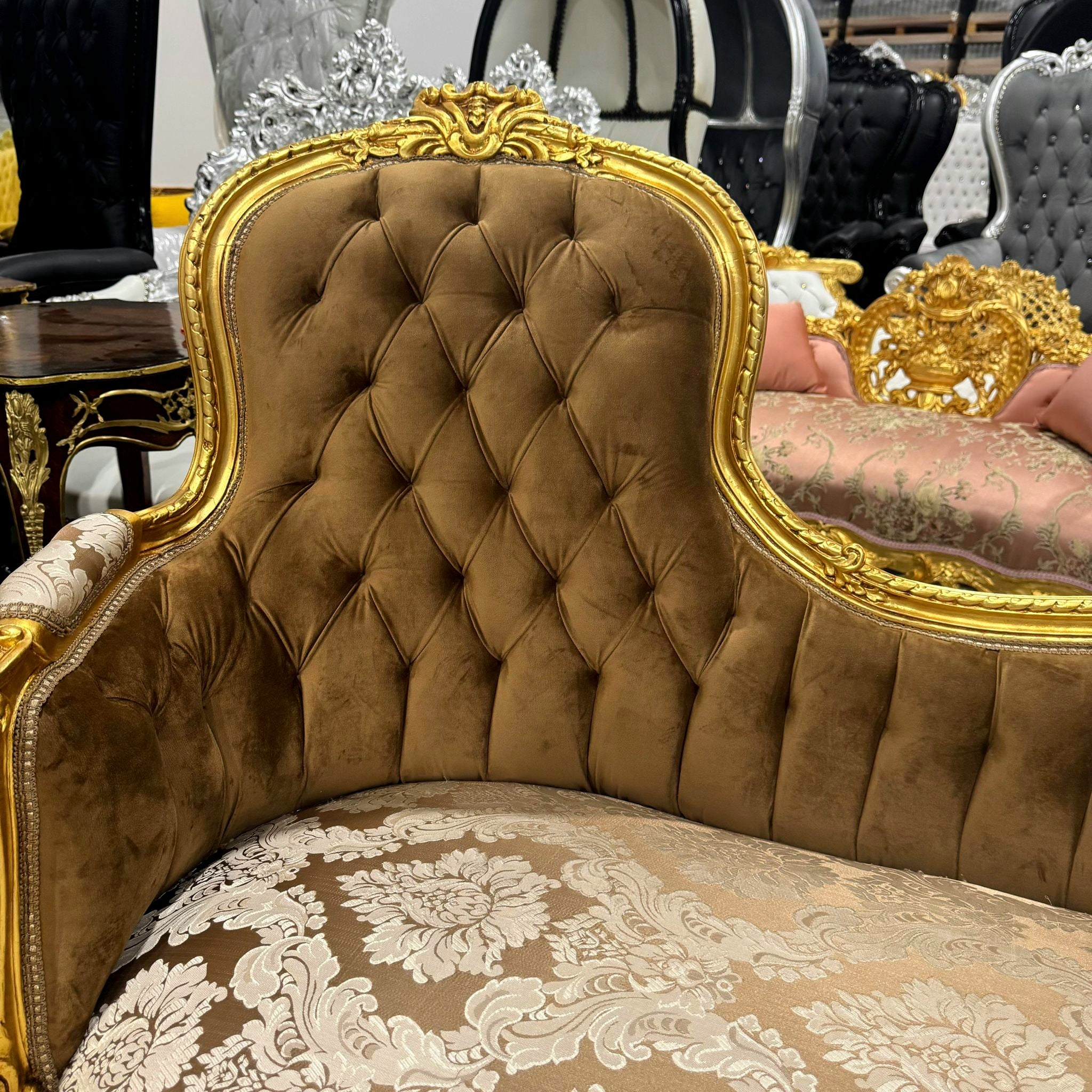 Chaise Lounge Furniture French Style Ligh Brown Velvet with Gold Details