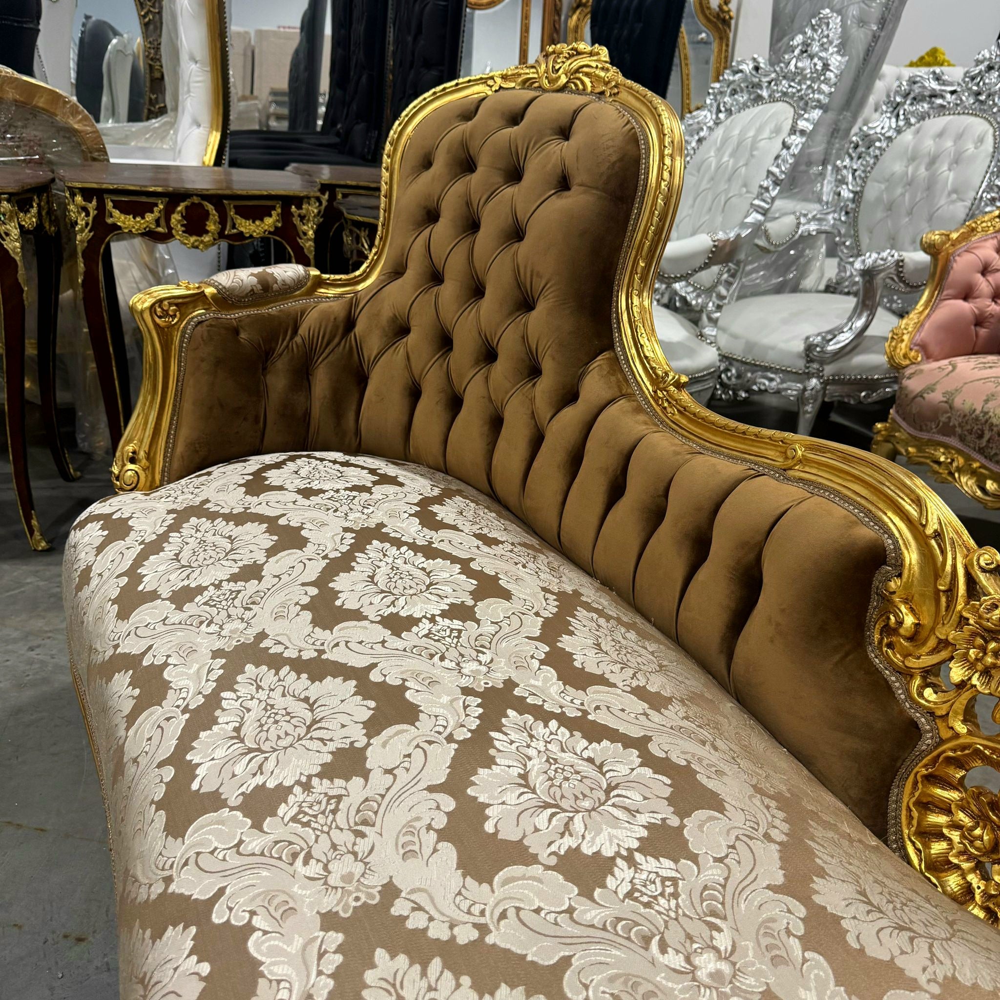 Chaise Lounge Furniture French Style Ligh Brown Velvet with Gold Details