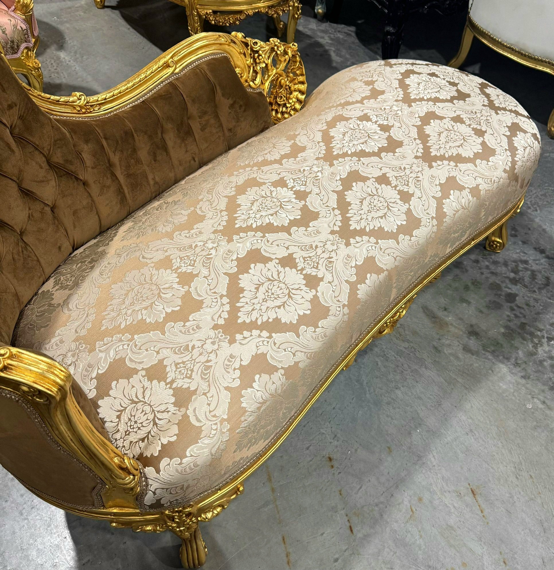 Chaise Lounge Furniture French Style Ligh Brown Velvet with Gold Details