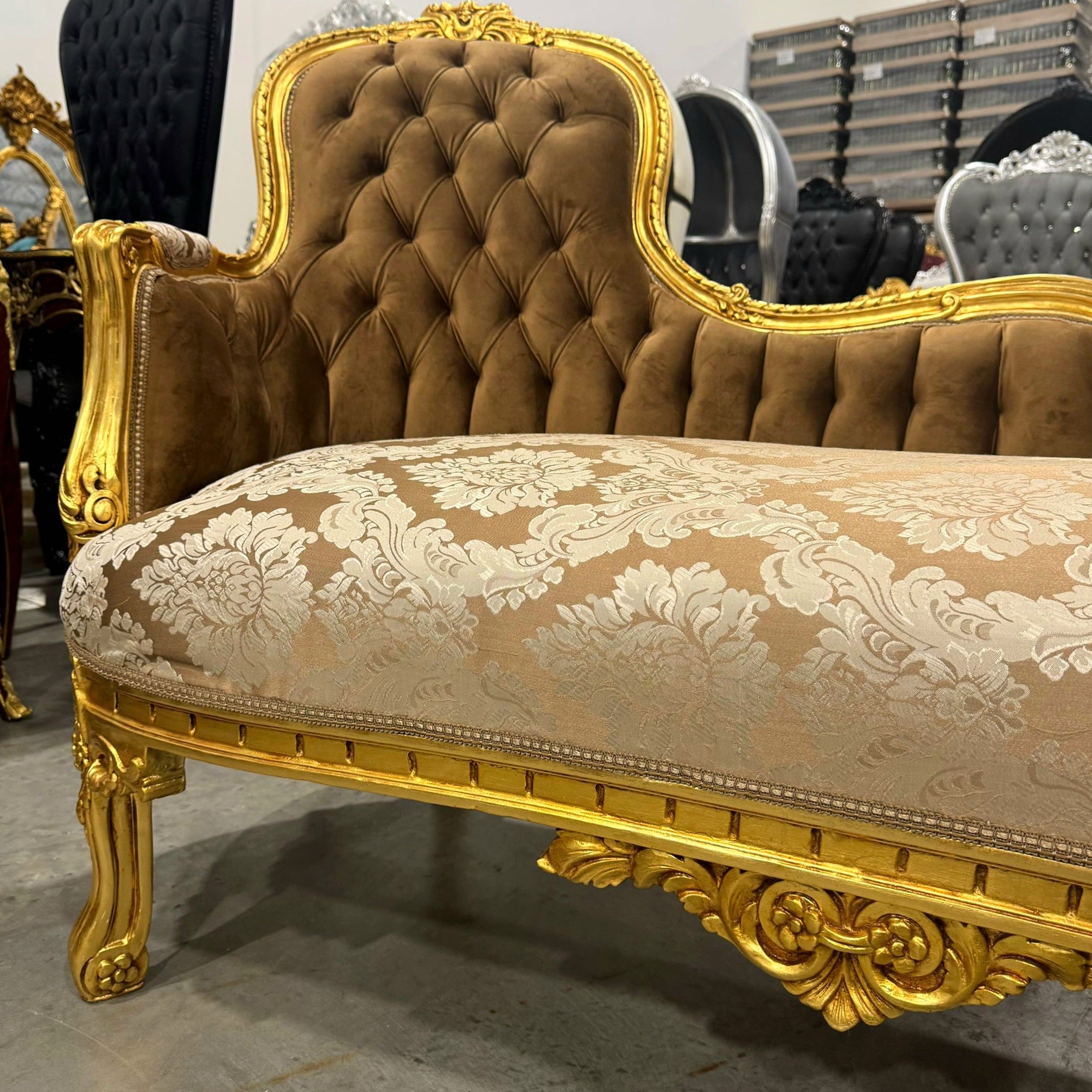 Chaise Lounge Furniture French Style Ligh Brown Velvet with Gold Details