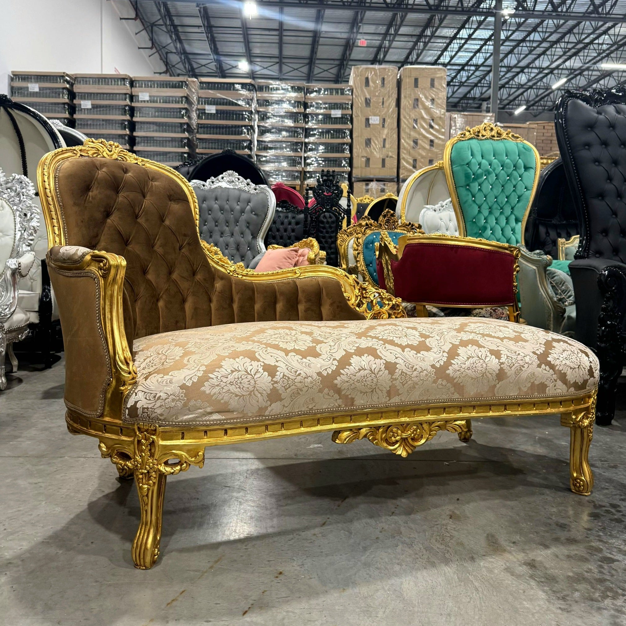 Chaise Lounge Furniture French Style Ligh Brown Velvet with Gold Details