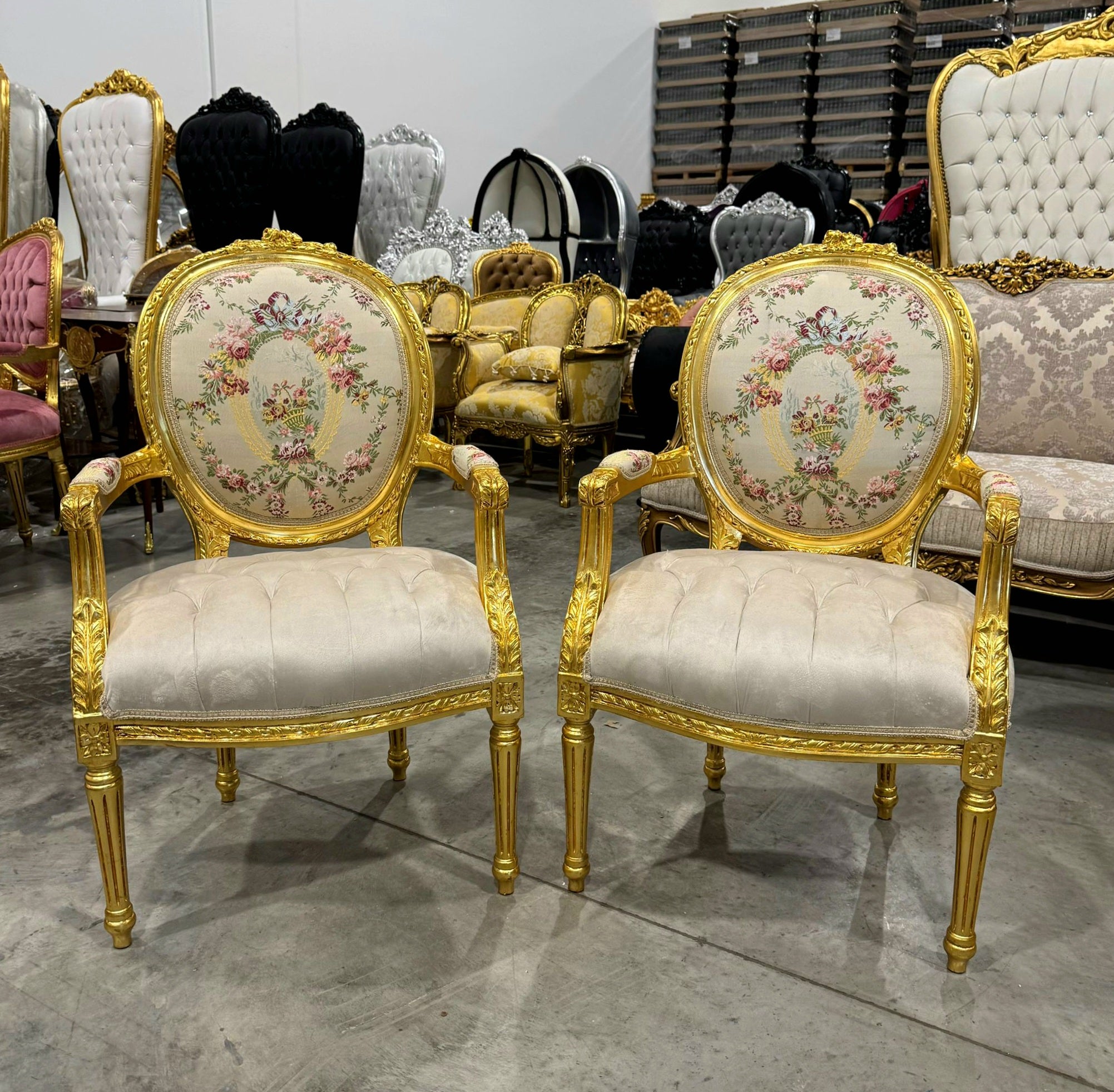 French Style White Velvet Chair with Gold Details Rococo Baroque