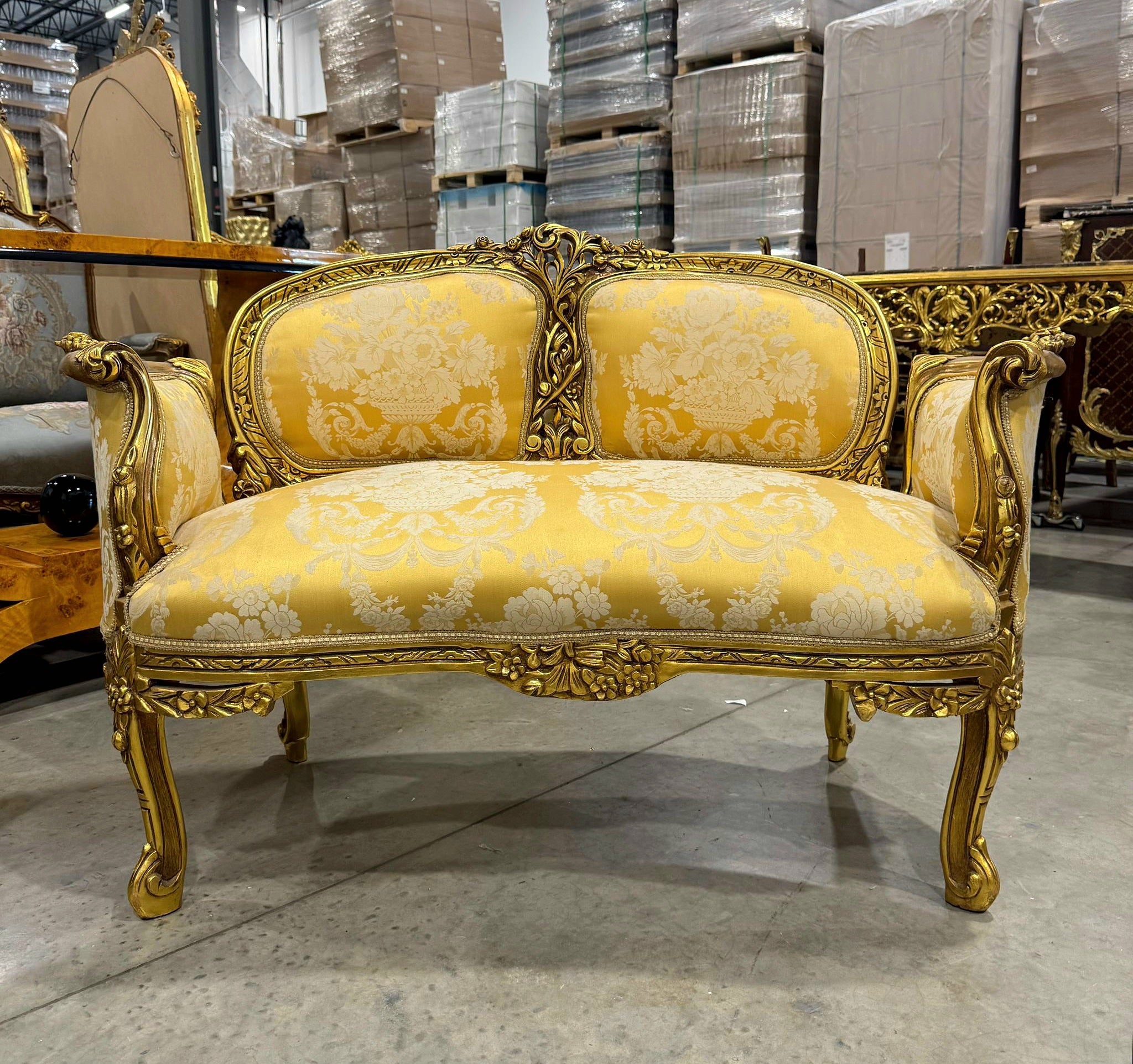 Handcrafted French Gold Sofa – Rococo Style with Designer Upholstery Gold Leaf
