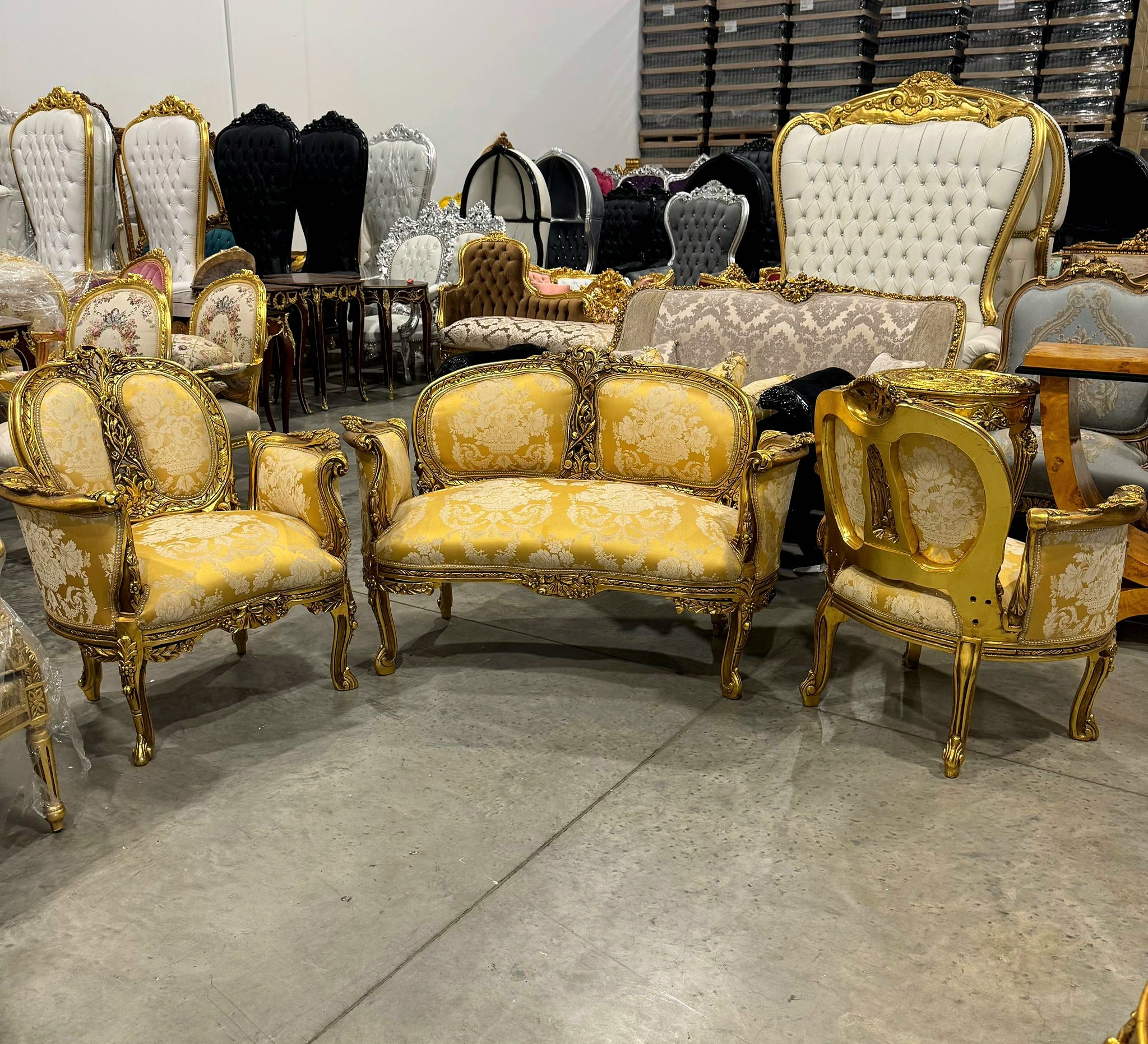 Handcrafted French Gold Sofa – Rococo Style with Designer Upholstery Gold Leaf