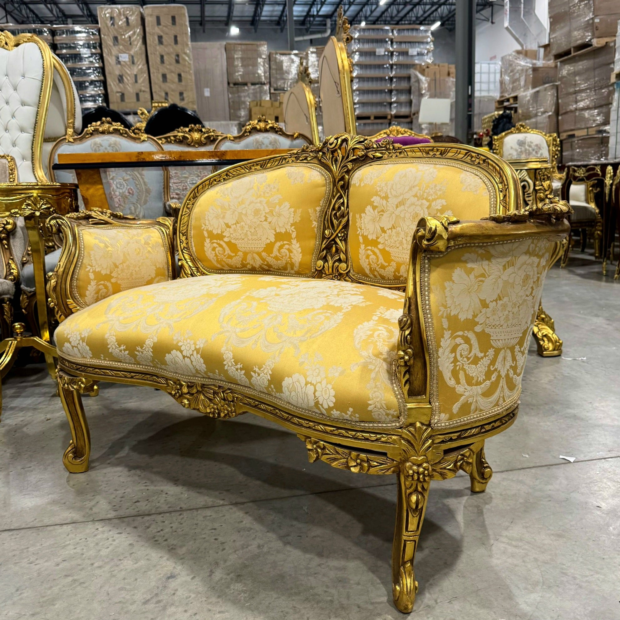 Handcrafted French Gold Sofa – Rococo Style with Designer Upholstery Gold Leaf