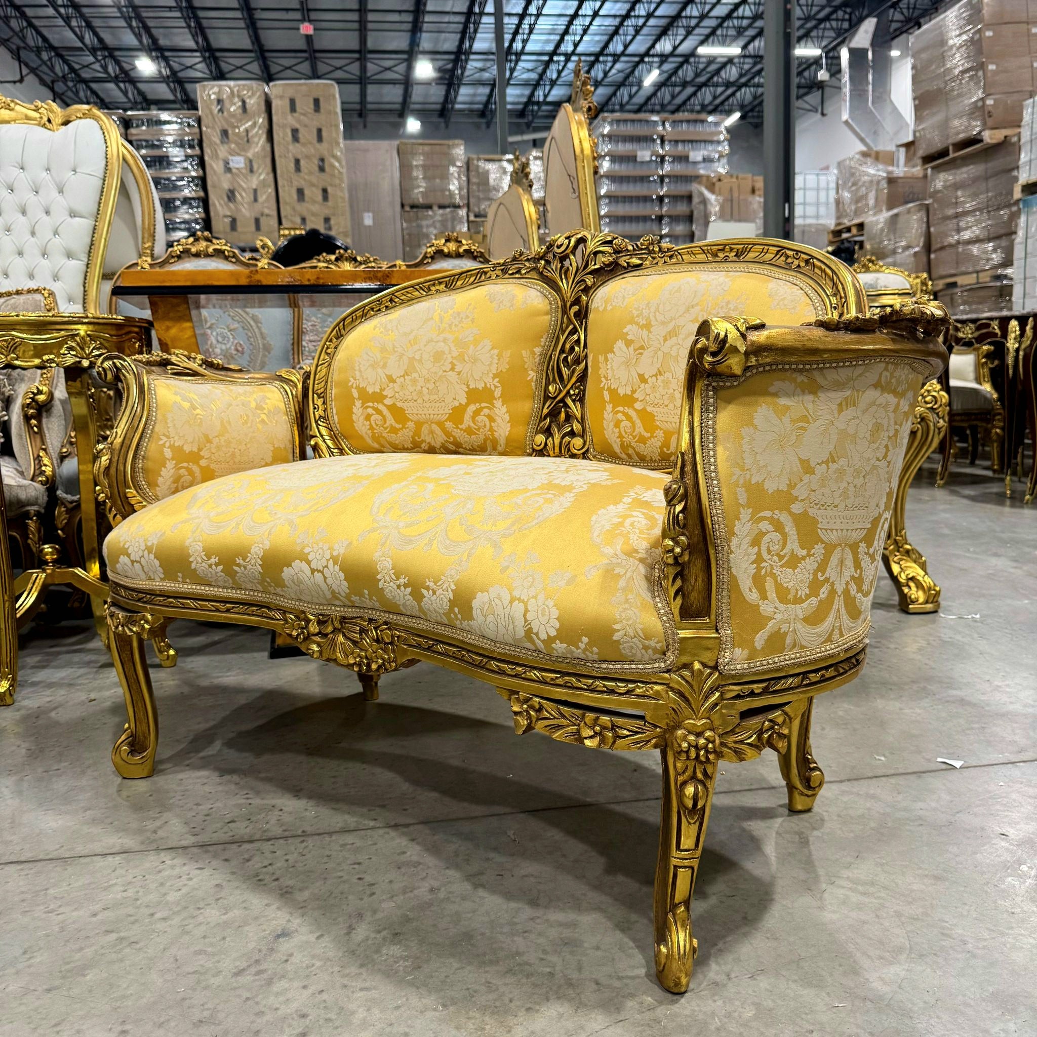 Handcrafted French Gold Sofa – Rococo Style with Designer Upholstery Gold Leaf