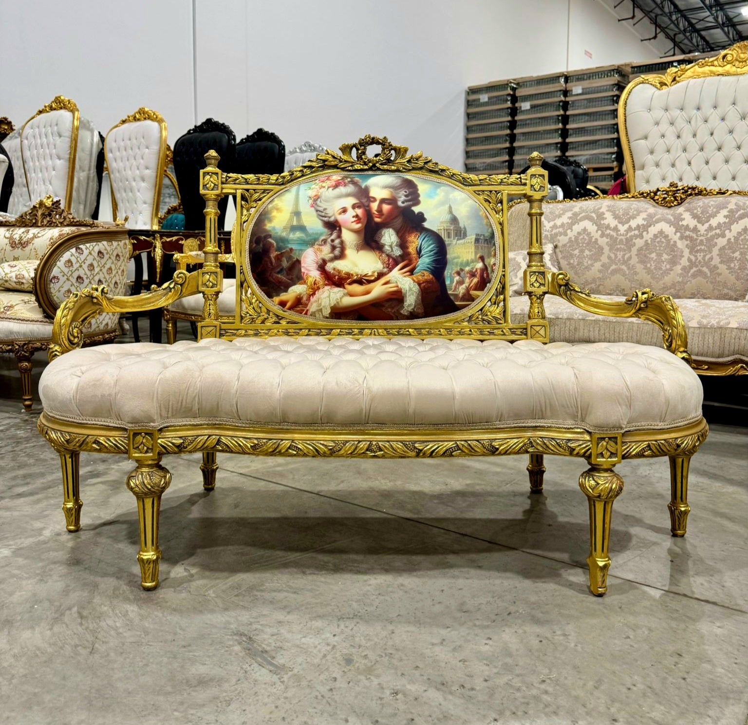 French Louis XV Style Sofa with Embroidery and Gold Details Furniture