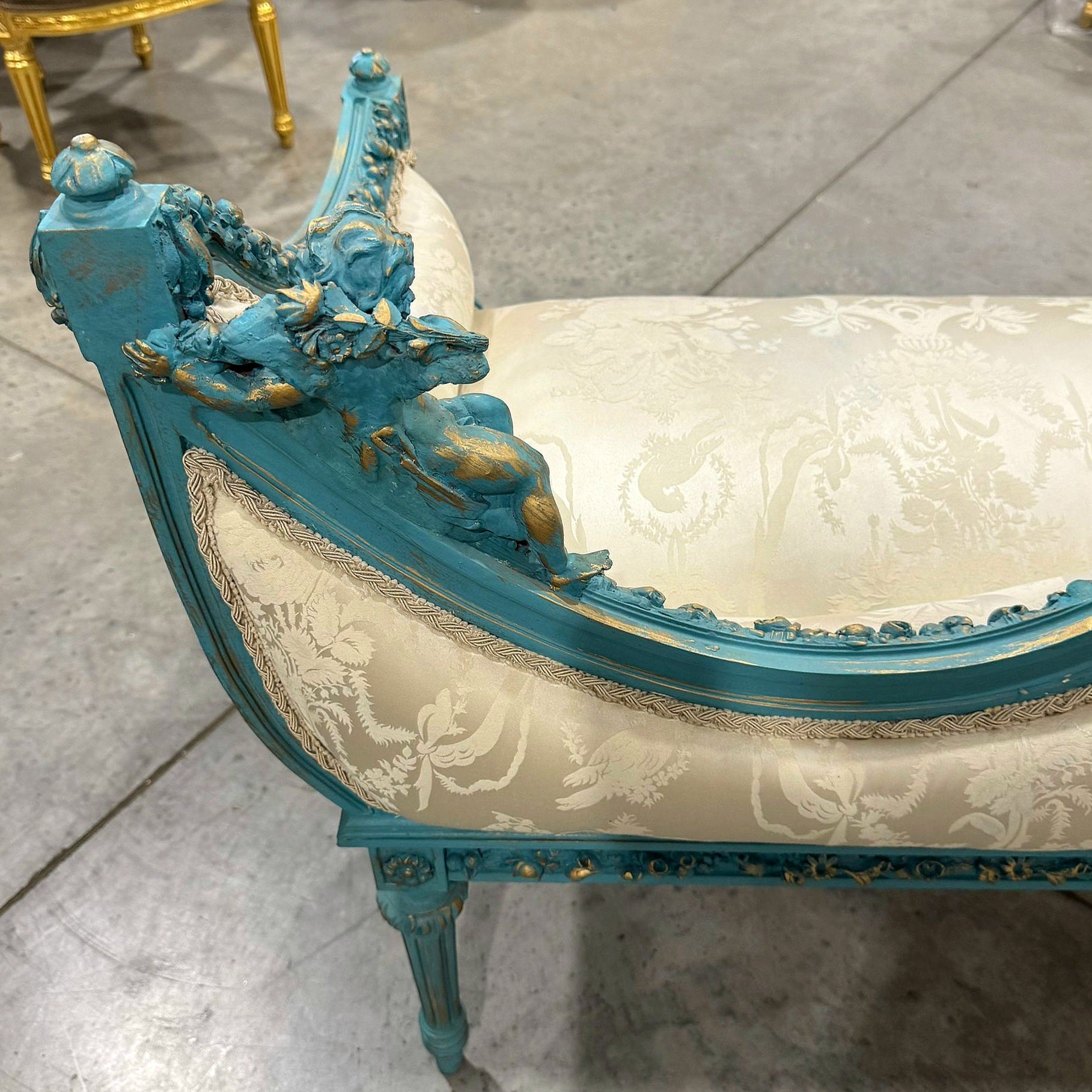 French Style Sky Blue Settee Vintage Gold Details Interior Design Furniture