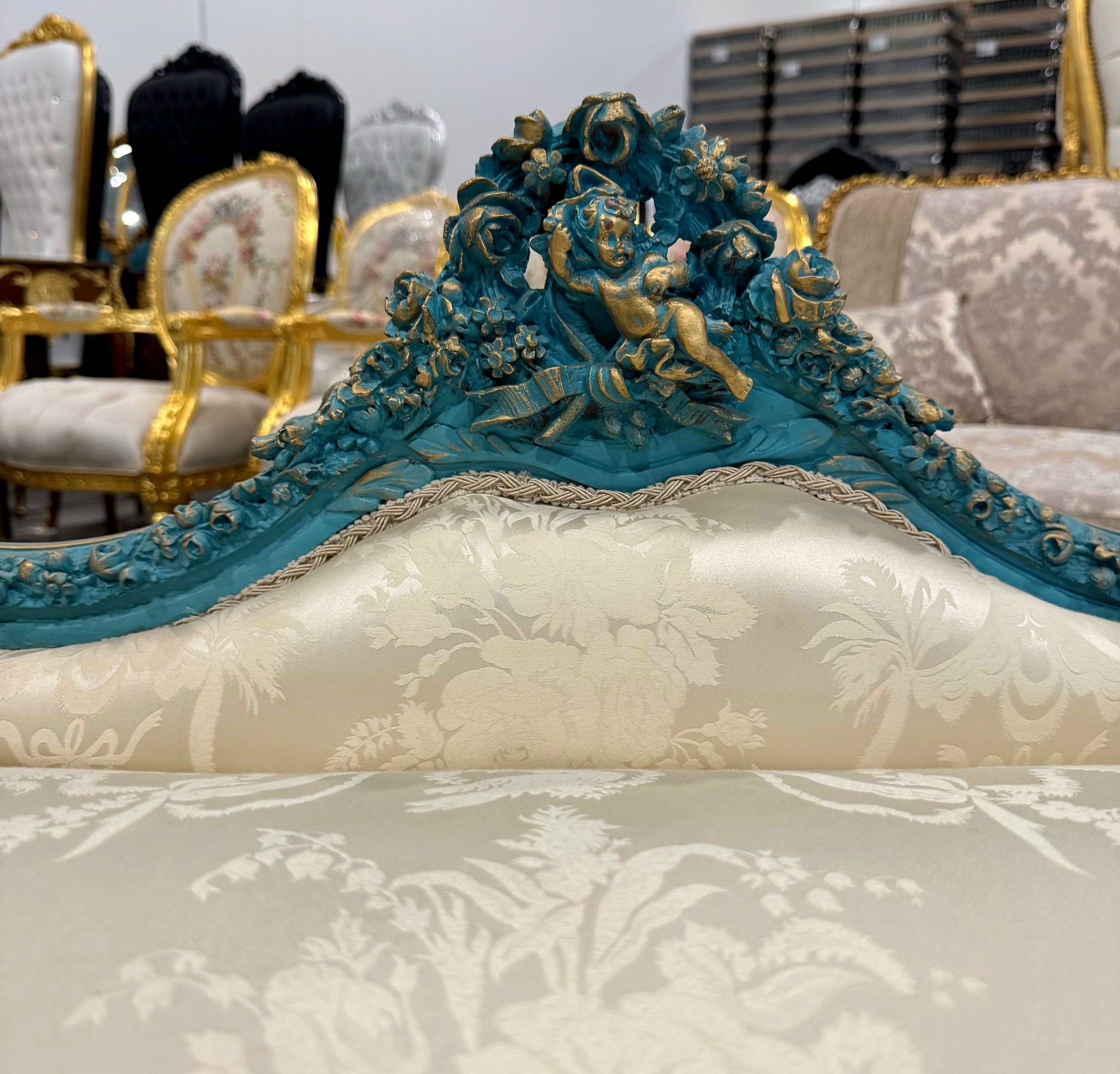 French Style Sky Blue Settee Vintage Gold Details Interior Design Furniture