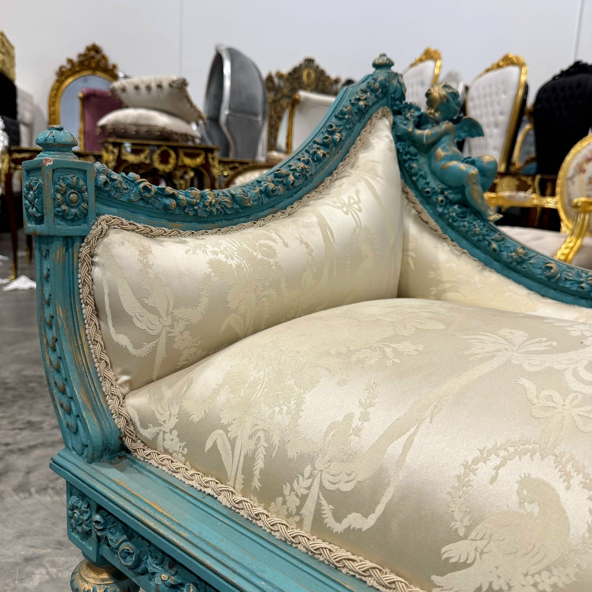 French Style Sky Blue Settee Vintage Gold Details Interior Design Furniture