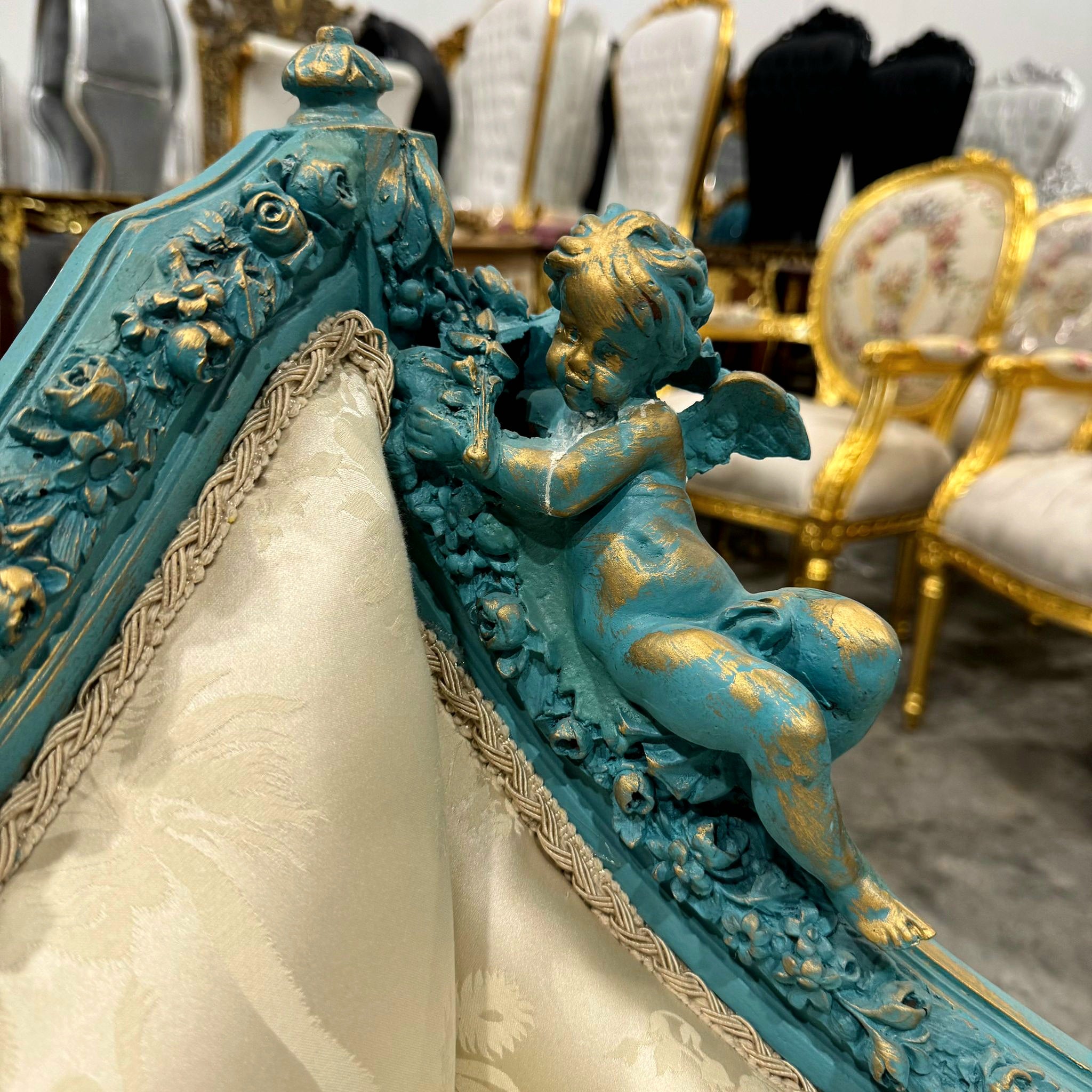 French Style Sky Blue Settee Vintage Gold Details Interior Design Furniture