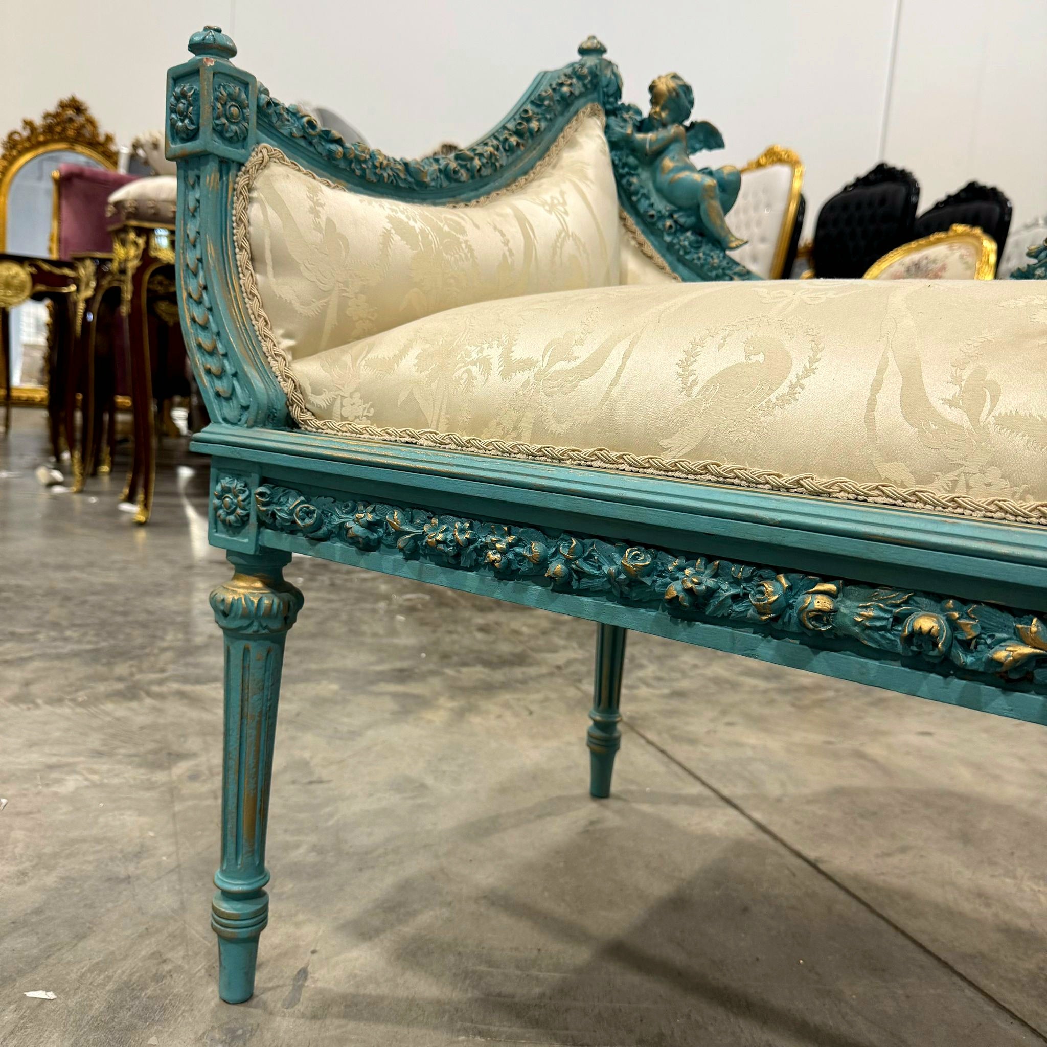 French Style Sky Blue Settee Vintage Gold Details Interior Design Furniture