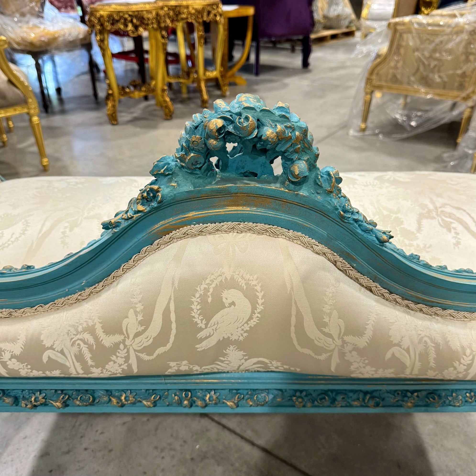 French Style Sky Blue Settee Vintage Gold Details Interior Design Furniture