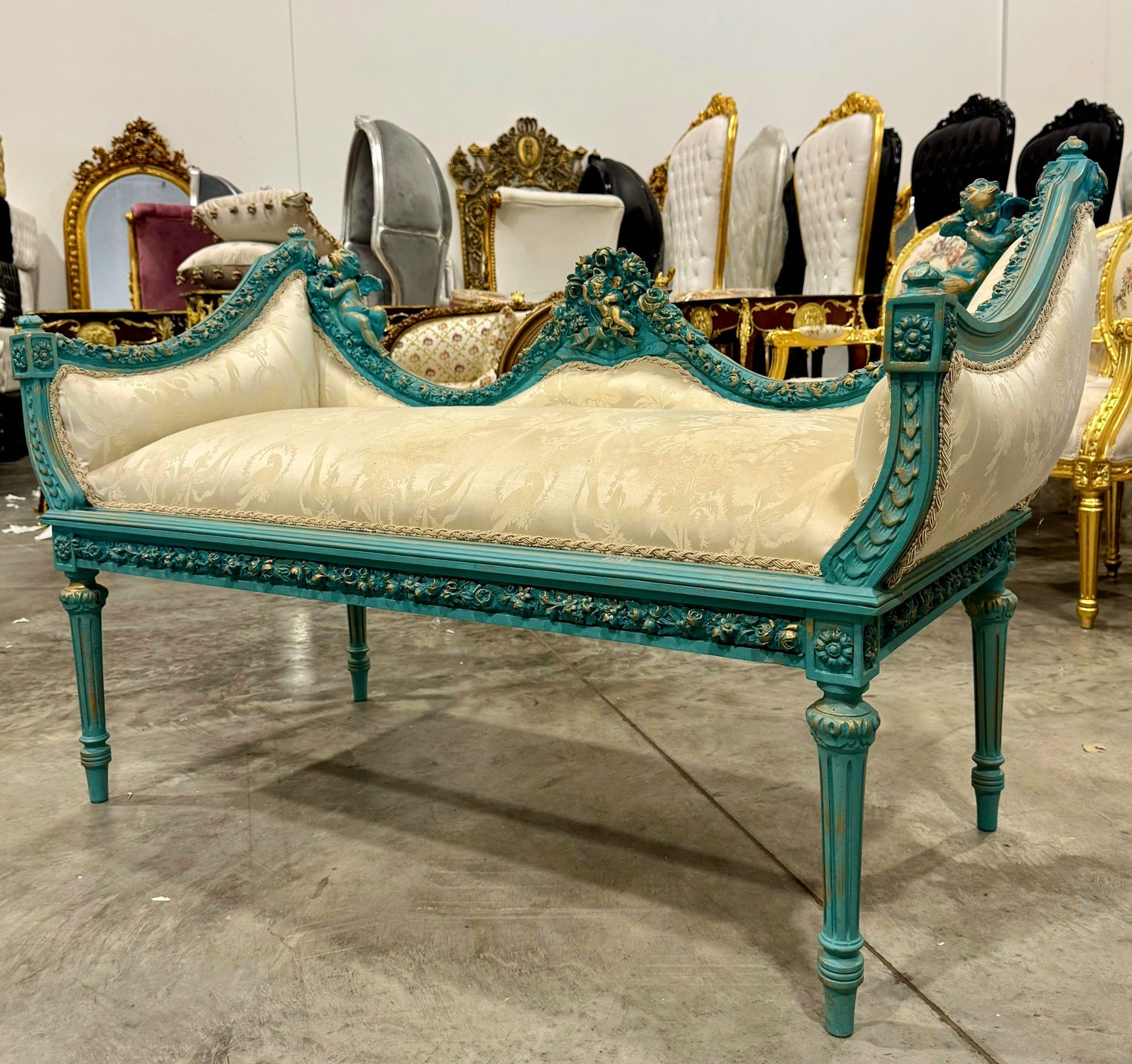 French Style Sky Blue Settee Vintage Gold Details Interior Design Furniture