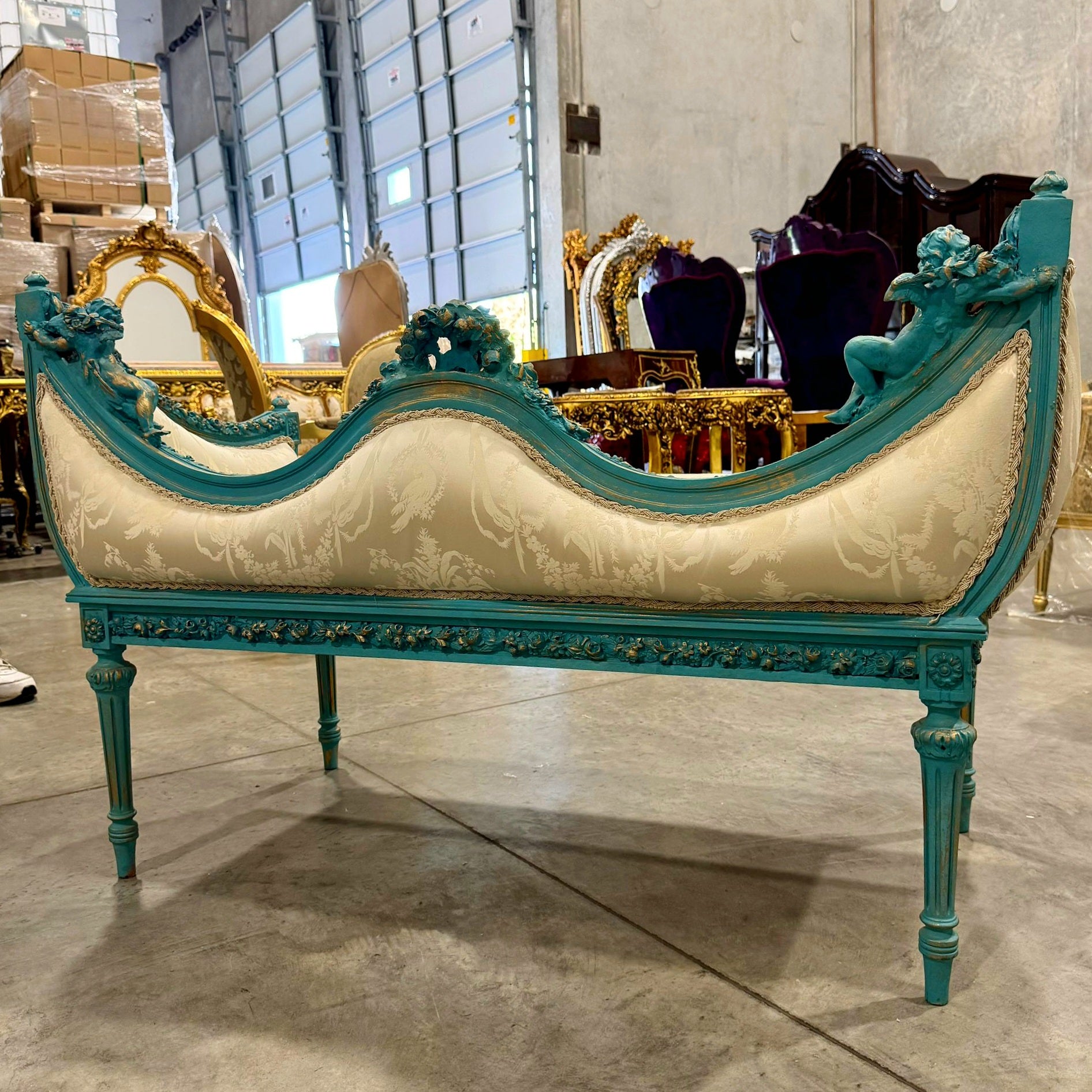 French Style Sky Blue Settee Vintage Gold Details Interior Design Furniture