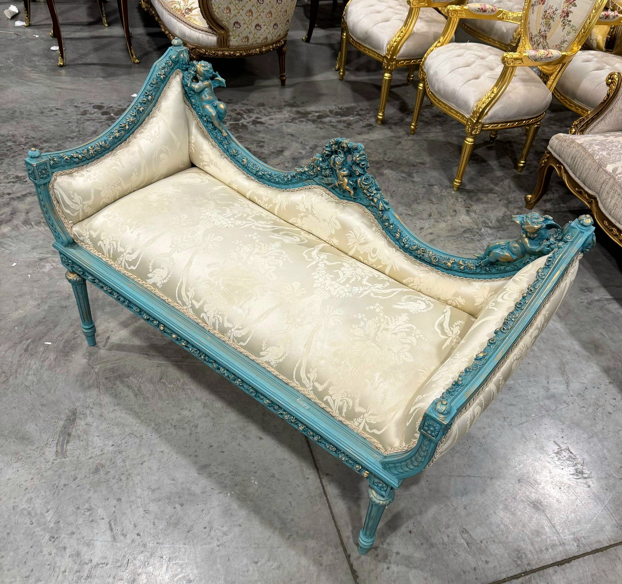 French Style Sky Blue Settee Vintage Gold Details Interior Design Furniture