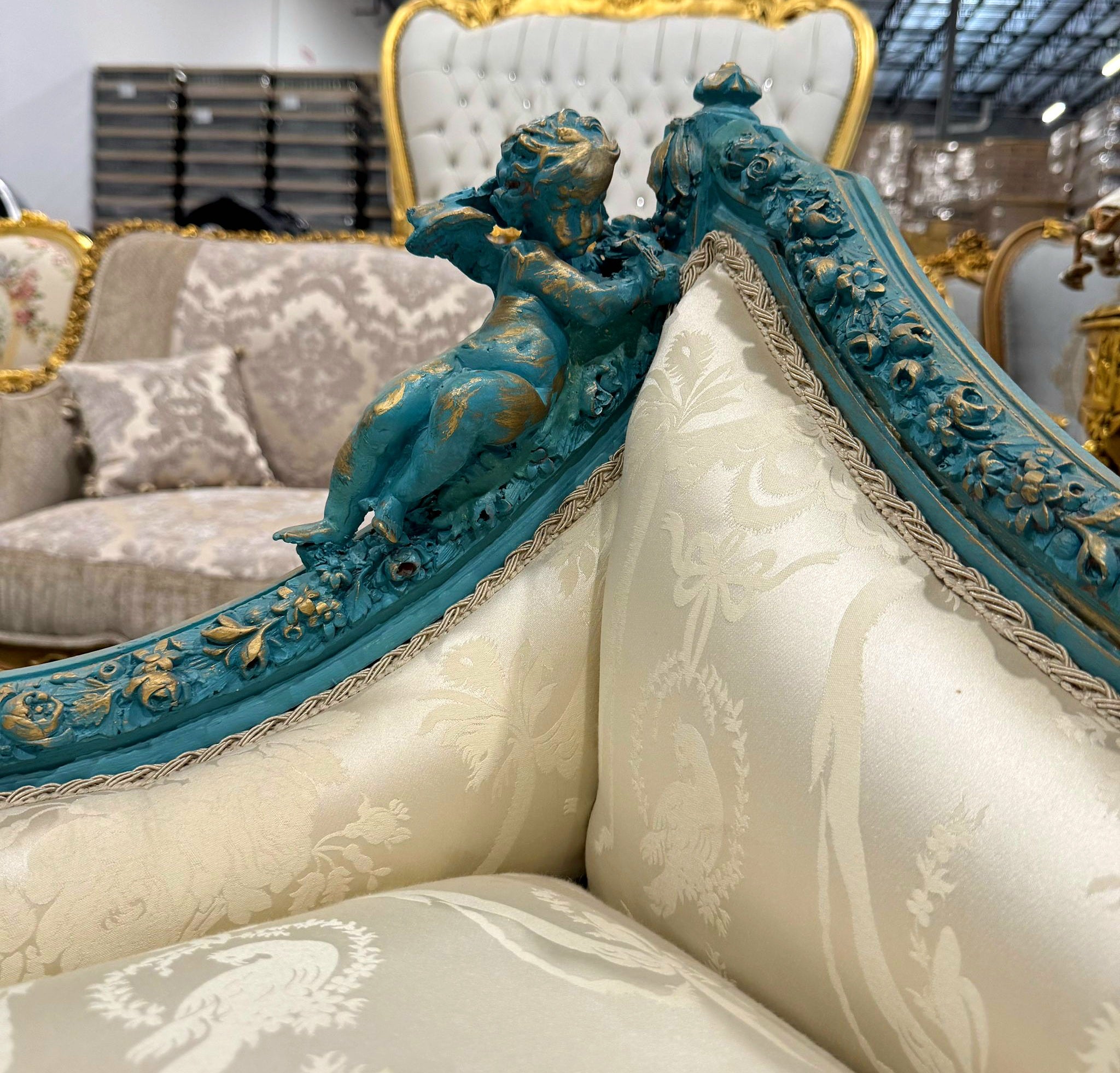 French Style Sky Blue Settee Vintage Gold Details Interior Design Furniture