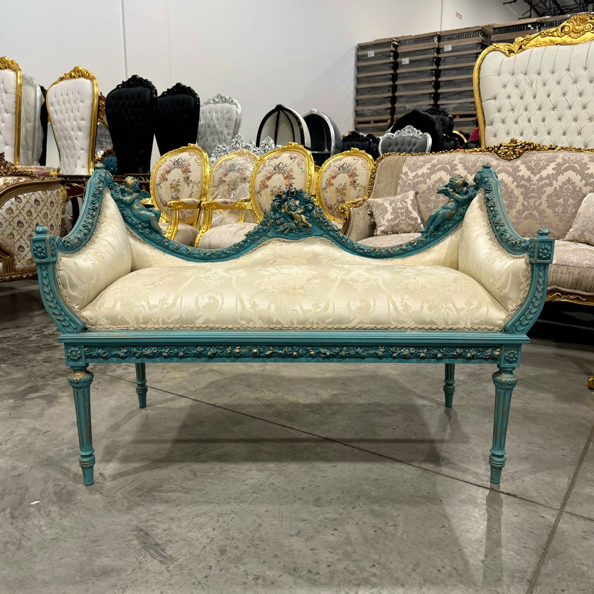 French Style Sky Blue Settee Vintage Gold Details Interior Design Furniture