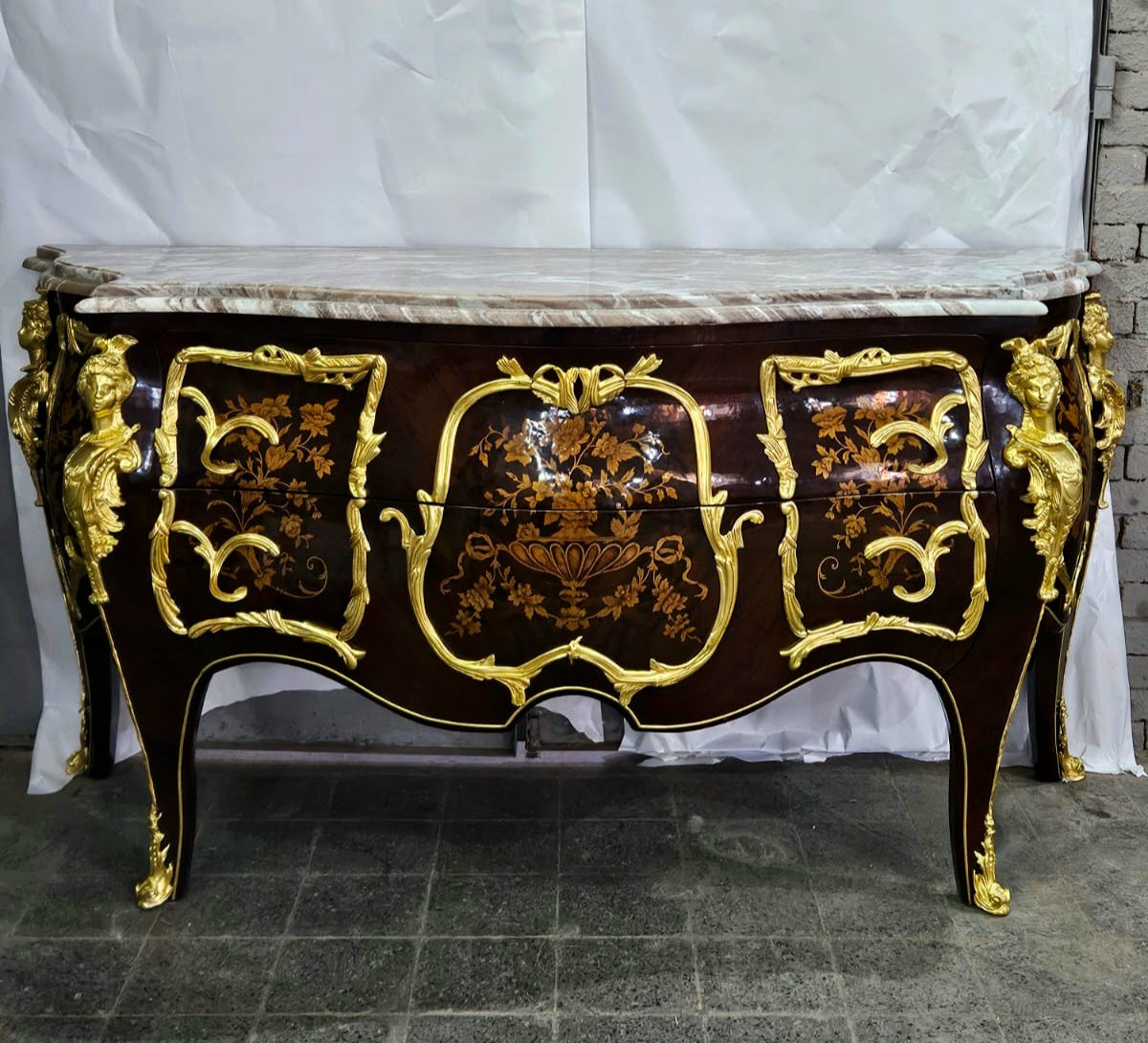 Louis XV Style Chest of Drawers Commode Marble Topped Gold Leaf Details