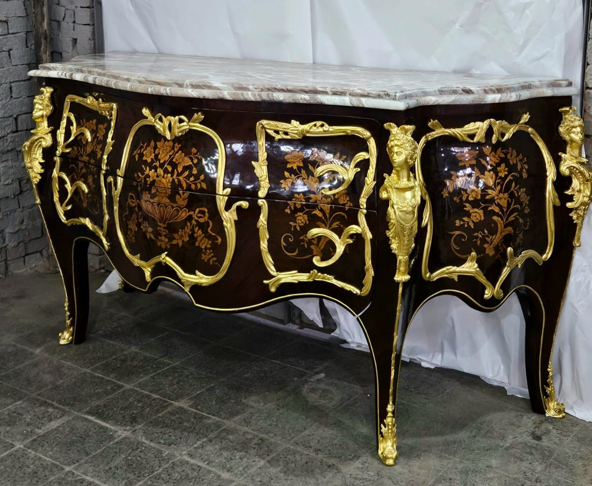 Louis XV Style Chest of Drawers Commode Marble Topped Gold Leaf Details