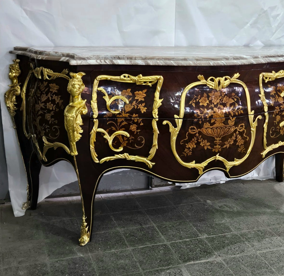 Louis XV Style Chest of Drawers Commode Marble Topped Gold Leaf Details