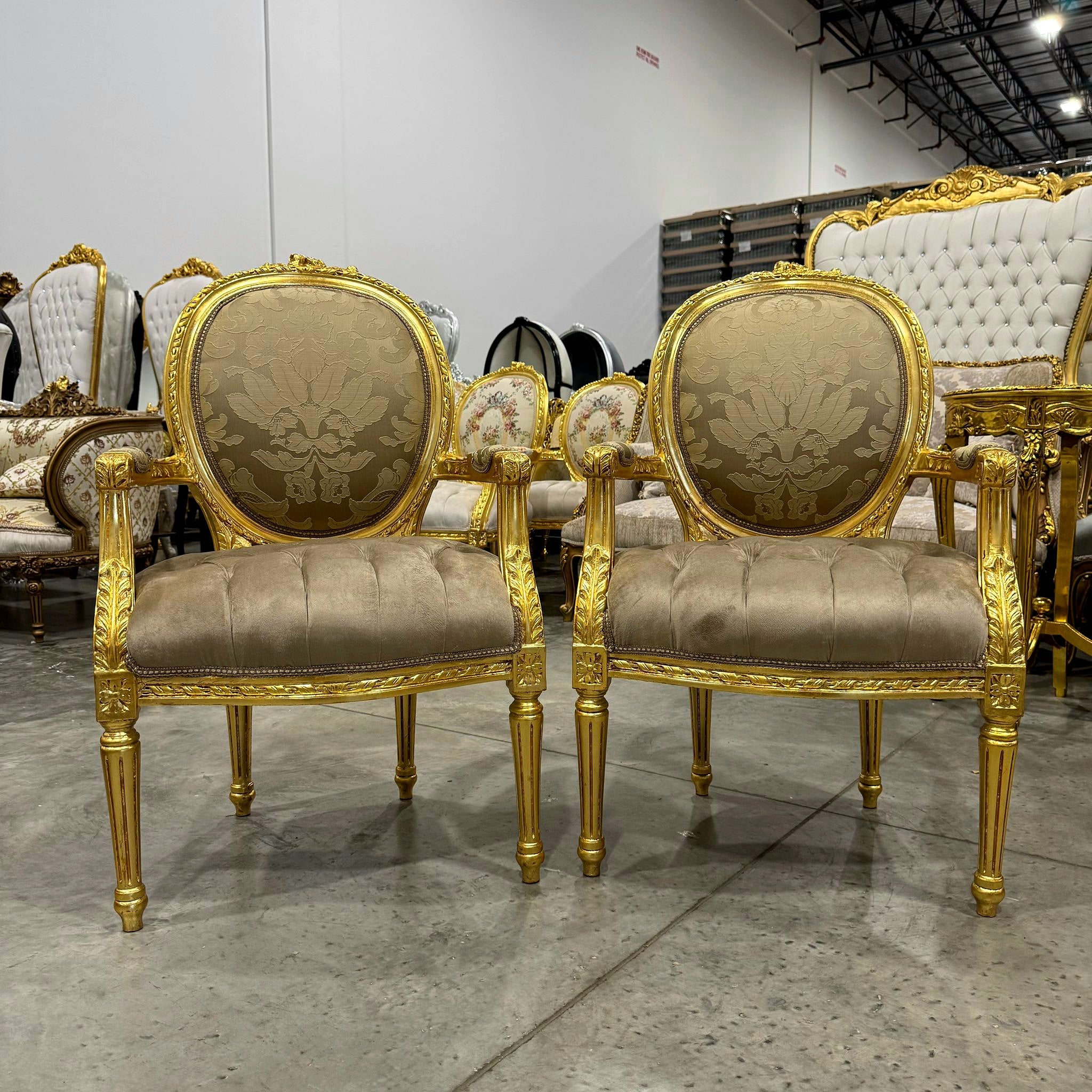 French Style Light Borwn Velvet Chair with Gold Details Rococo Baroque